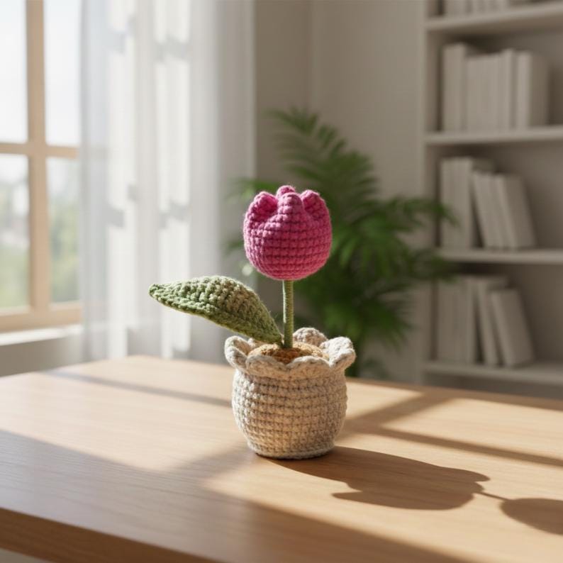 Handmade Crochet Tulip Pot, Everlasting Floral Gift