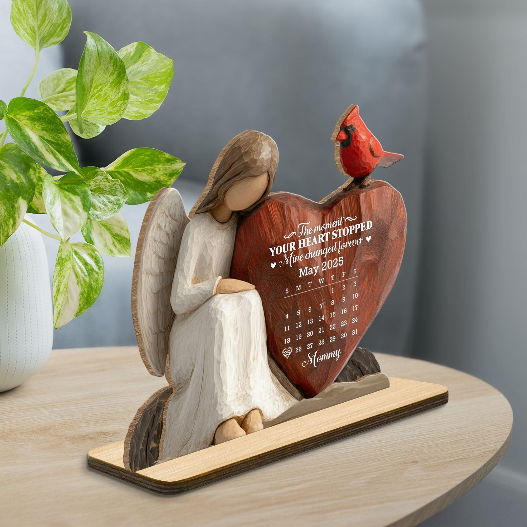 Personalized Memorial Wooden Plaque The Moment Your Heart Stopped Mine Changed Forever, Angel Heart Sympathy Gift For Family