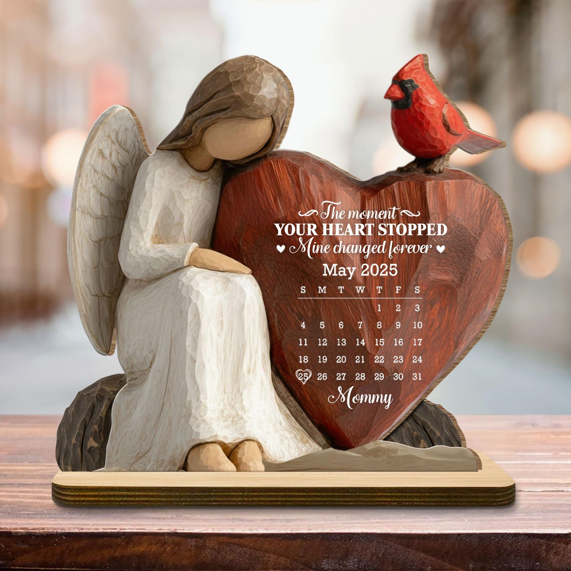 Personalized Memorial Wooden Plaque The Moment Your Heart Stopped Mine Changed Forever, Angel Heart Sympathy Gift For Family