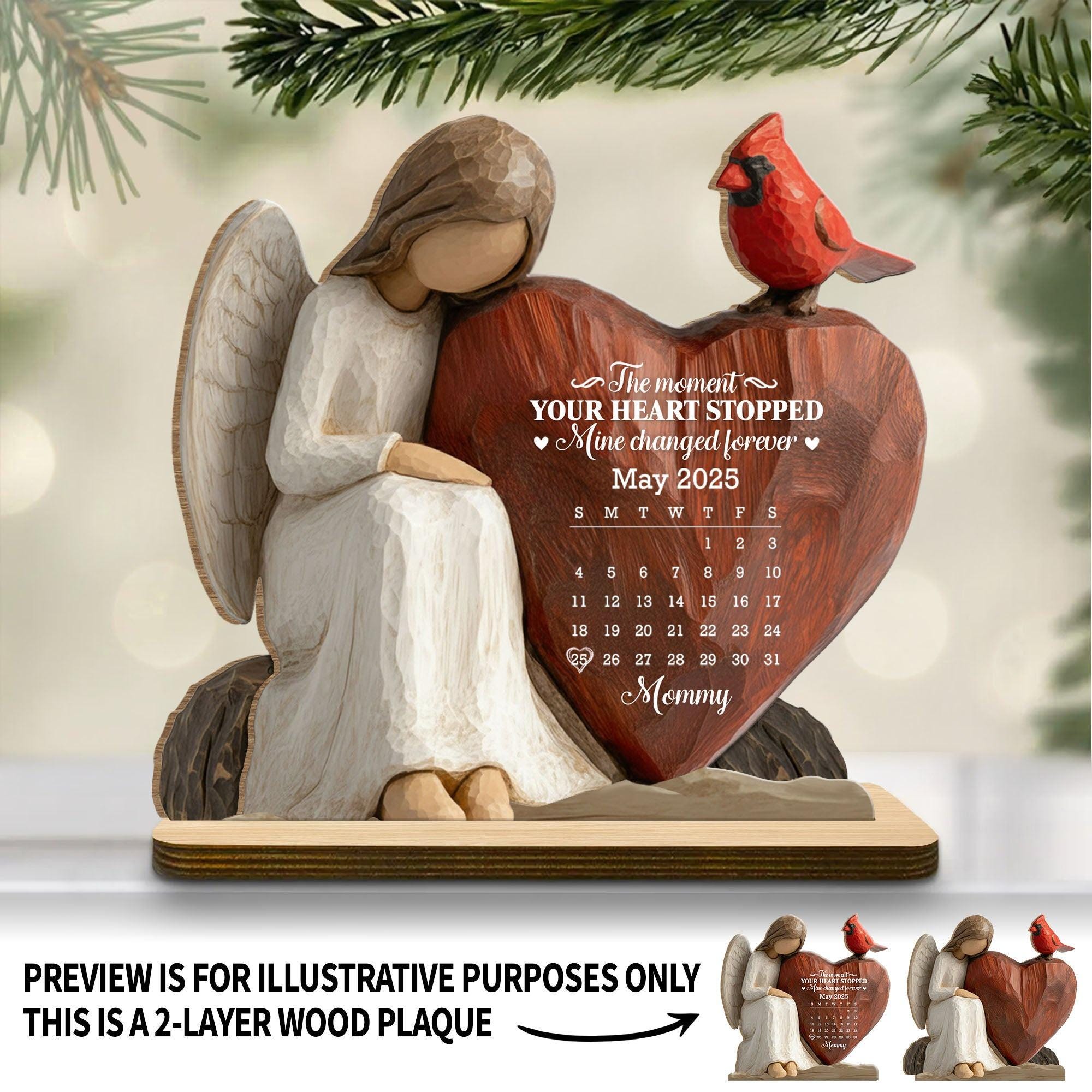 Personalized Memorial Wooden Plaque The Moment Your Heart Stopped Mine Changed Forever, Angel Heart Sympathy Gift For Family