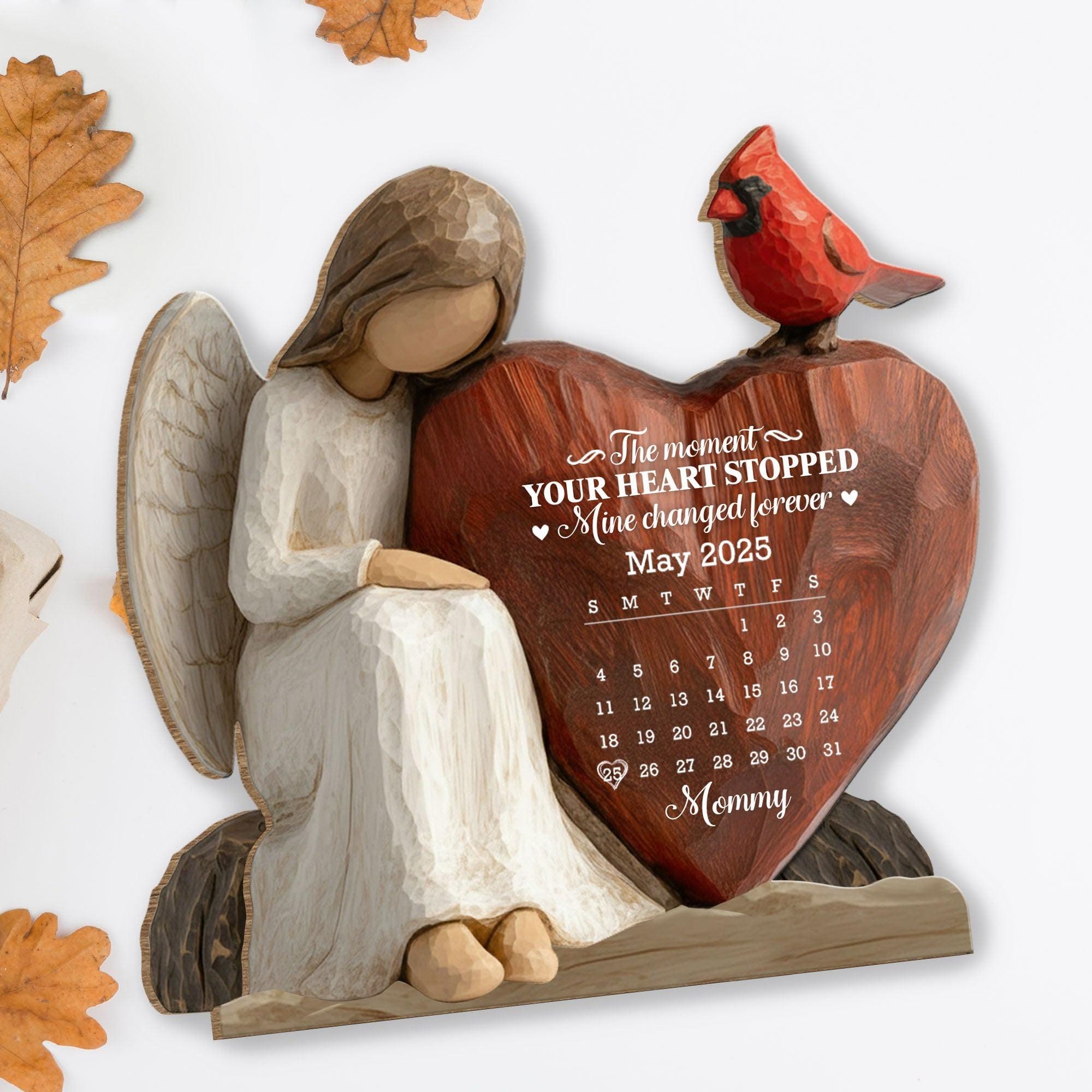 Personalized Memorial Wooden Plaque The Moment Your Heart Stopped Mine Changed Forever, Angel Heart Sympathy Gift For Family