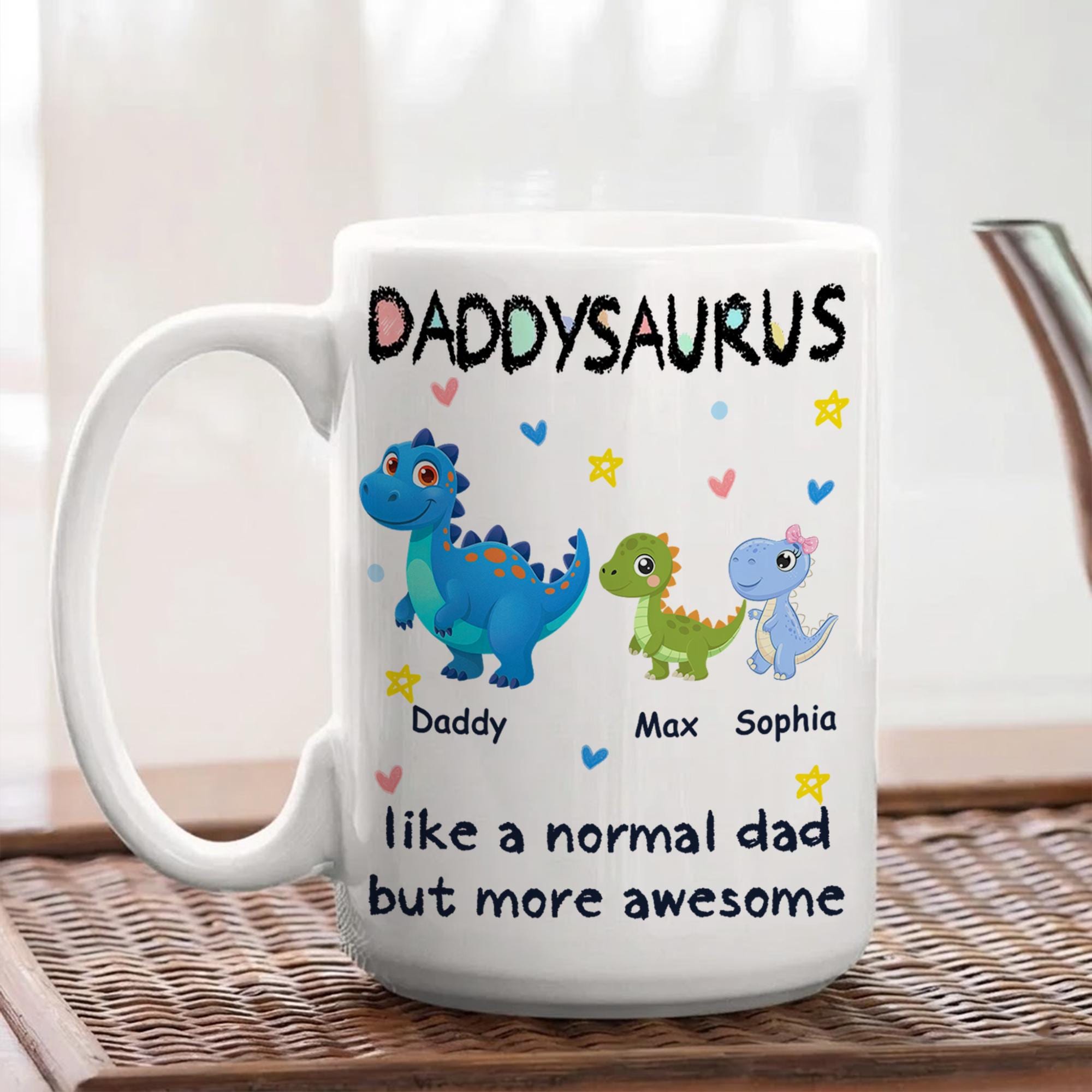 Personalized Daddysaurus Mug, Custom Dinosaur Dad Coffee Cup with Kids Names, Father's Day Gift from Son Daughter, New Dad Gift for Husband