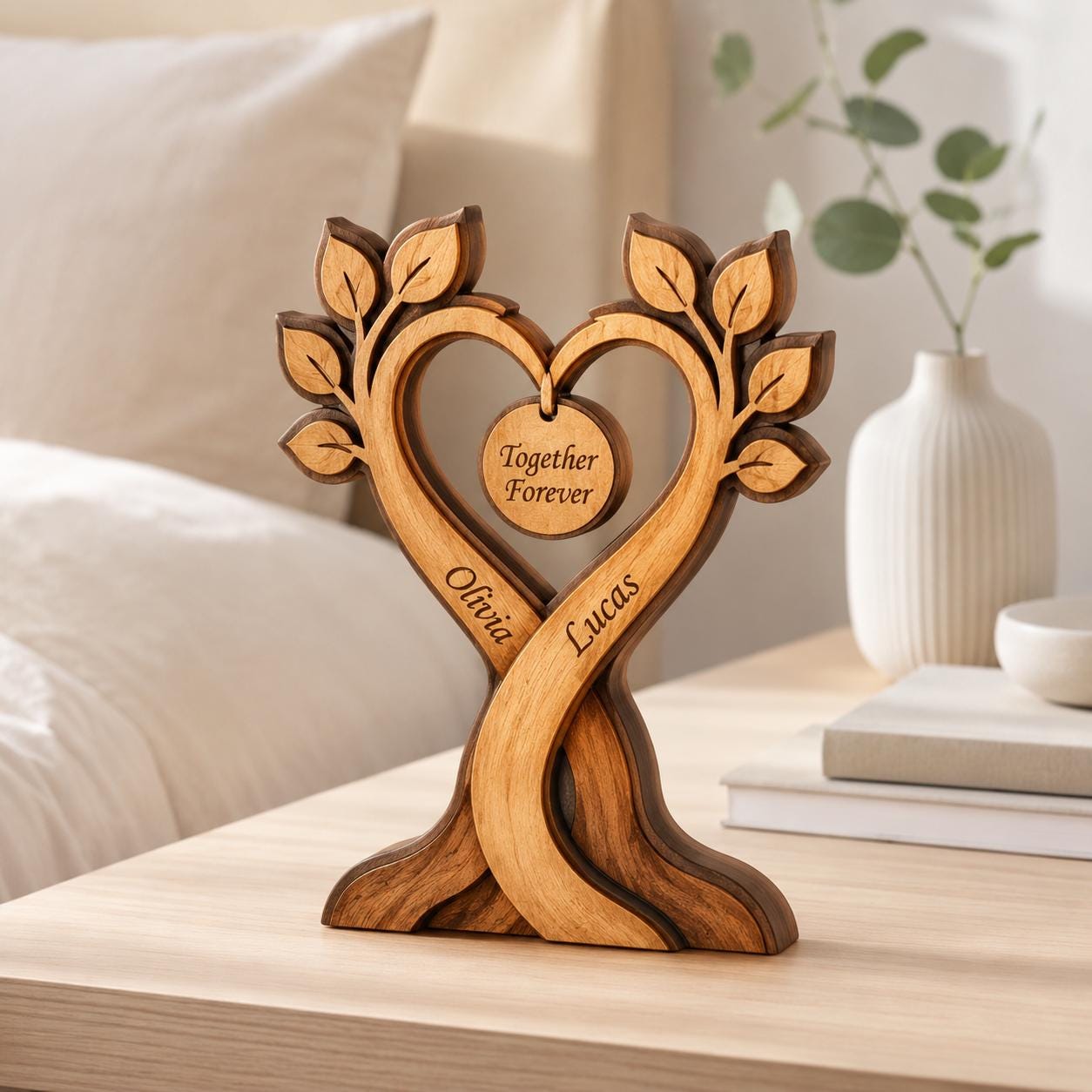 Custom Couple Heart Tree Wooden Block Sign, Personalized Anniversary Gift for Him Her, Heart Shaped Tree, Romantic Keepsake Home Accent