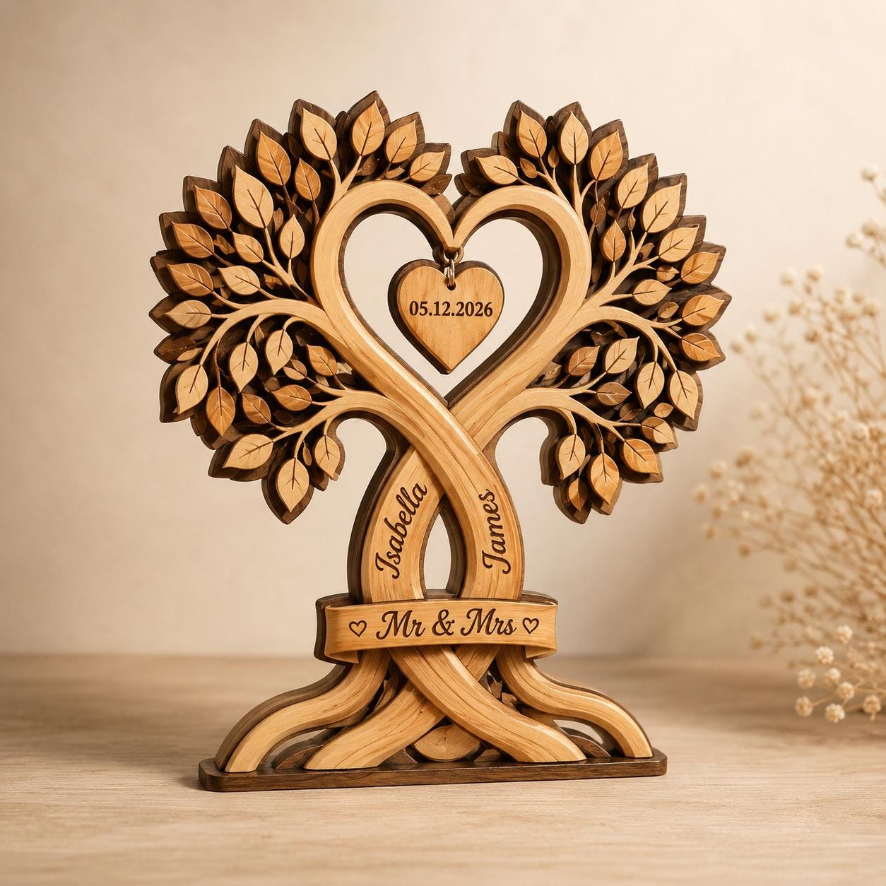 Custom Couple Heart Tree Wooden Block Sign, Personalized Anniversary Gift for Him Her, Heart Shaped Tree, Romantic Keepsake Home Accent