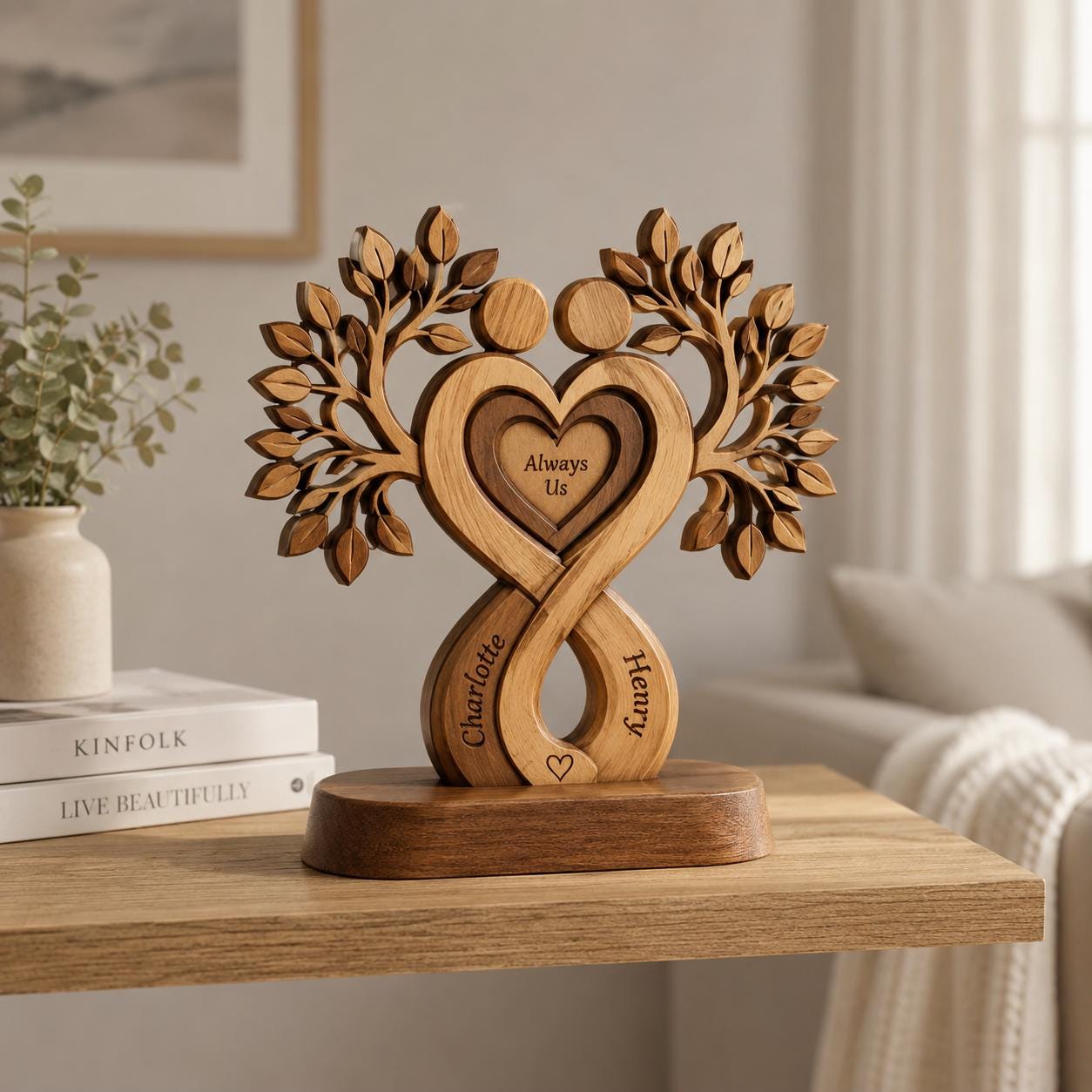 Custom Couple Heart Tree Wooden Block Sign, Personalized Anniversary Gift for Him Her, Heart Shaped Tree, Romantic Keepsake Home Accent