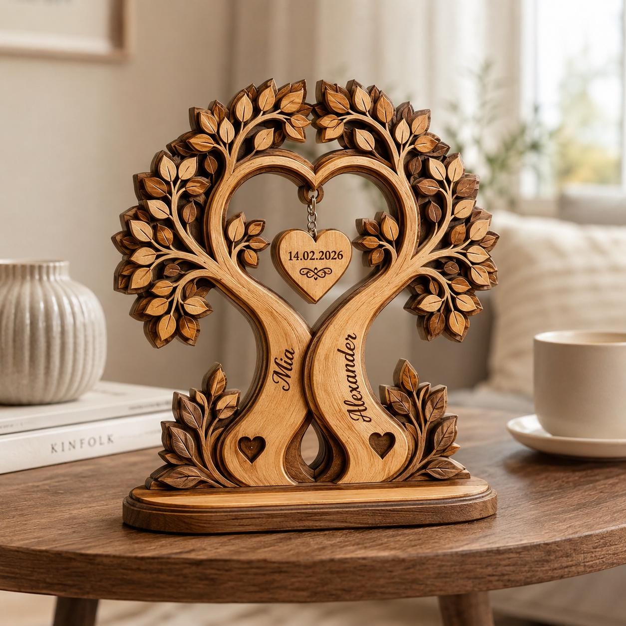 Custom Couple Heart Tree Wooden Block Sign, Personalized Anniversary Gift for Him Her, Heart Shaped Tree, Romantic Keepsake Home Accent