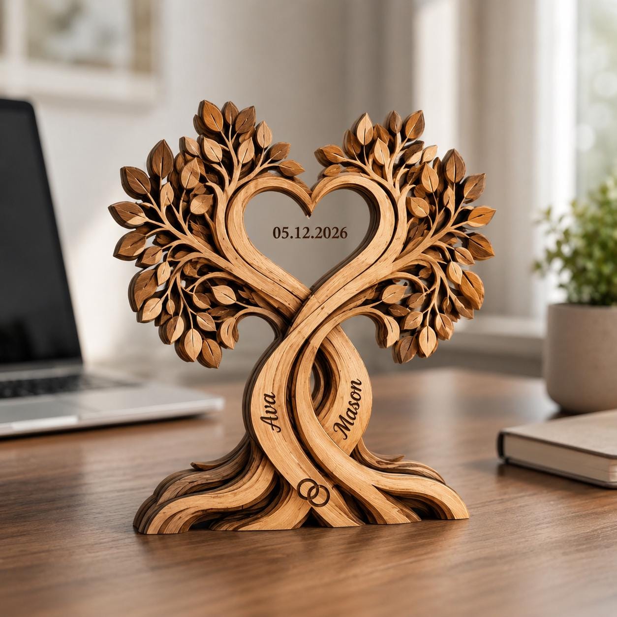 Custom Couple Heart Tree Wooden Block Sign, Personalized Anniversary Gift for Him Her, Heart Shaped Tree, Romantic Keepsake Home Accent