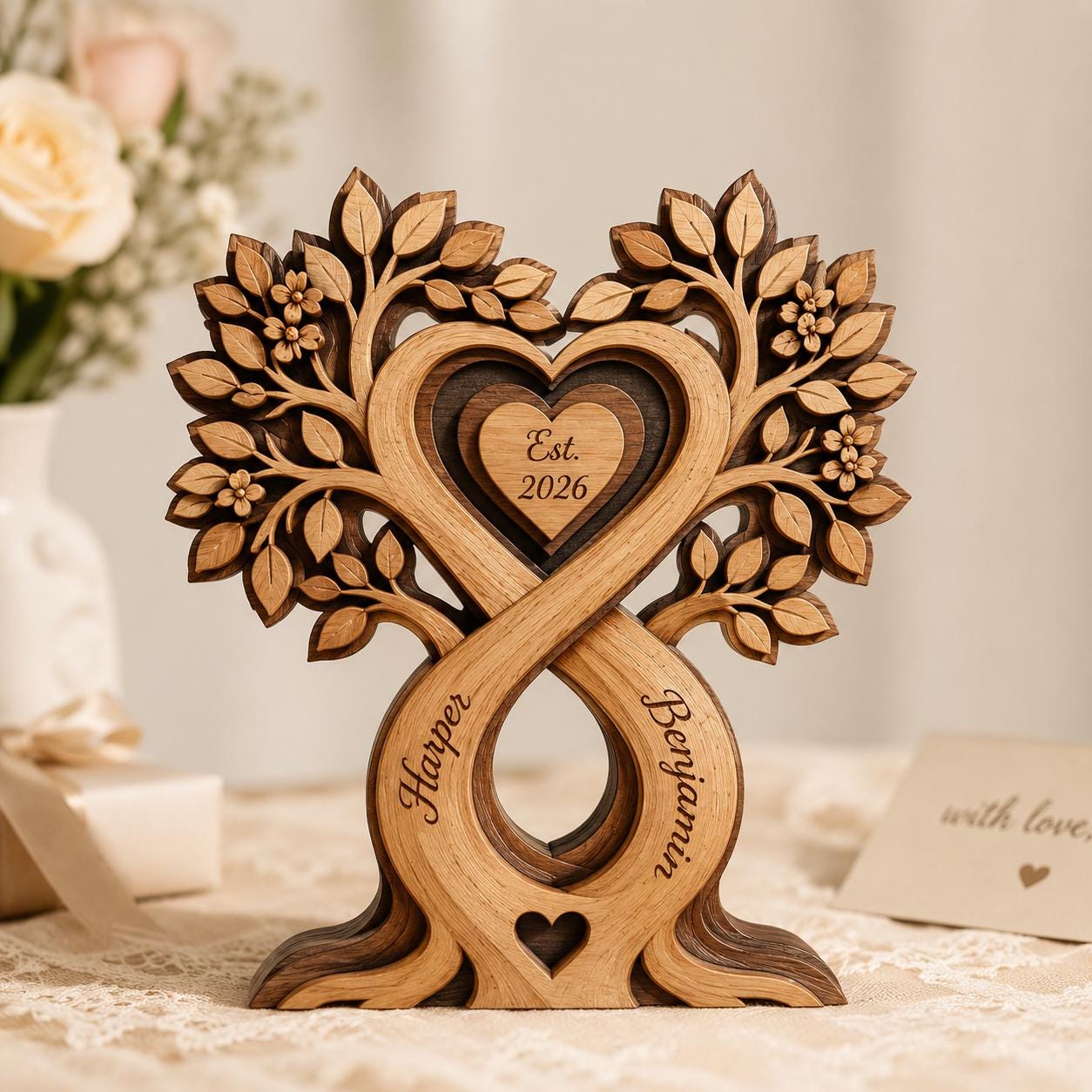 Custom Couple Heart Tree Wooden Block Sign, Personalized Anniversary Gift for Him Her, Heart Shaped Tree, Romantic Keepsake Home Accent