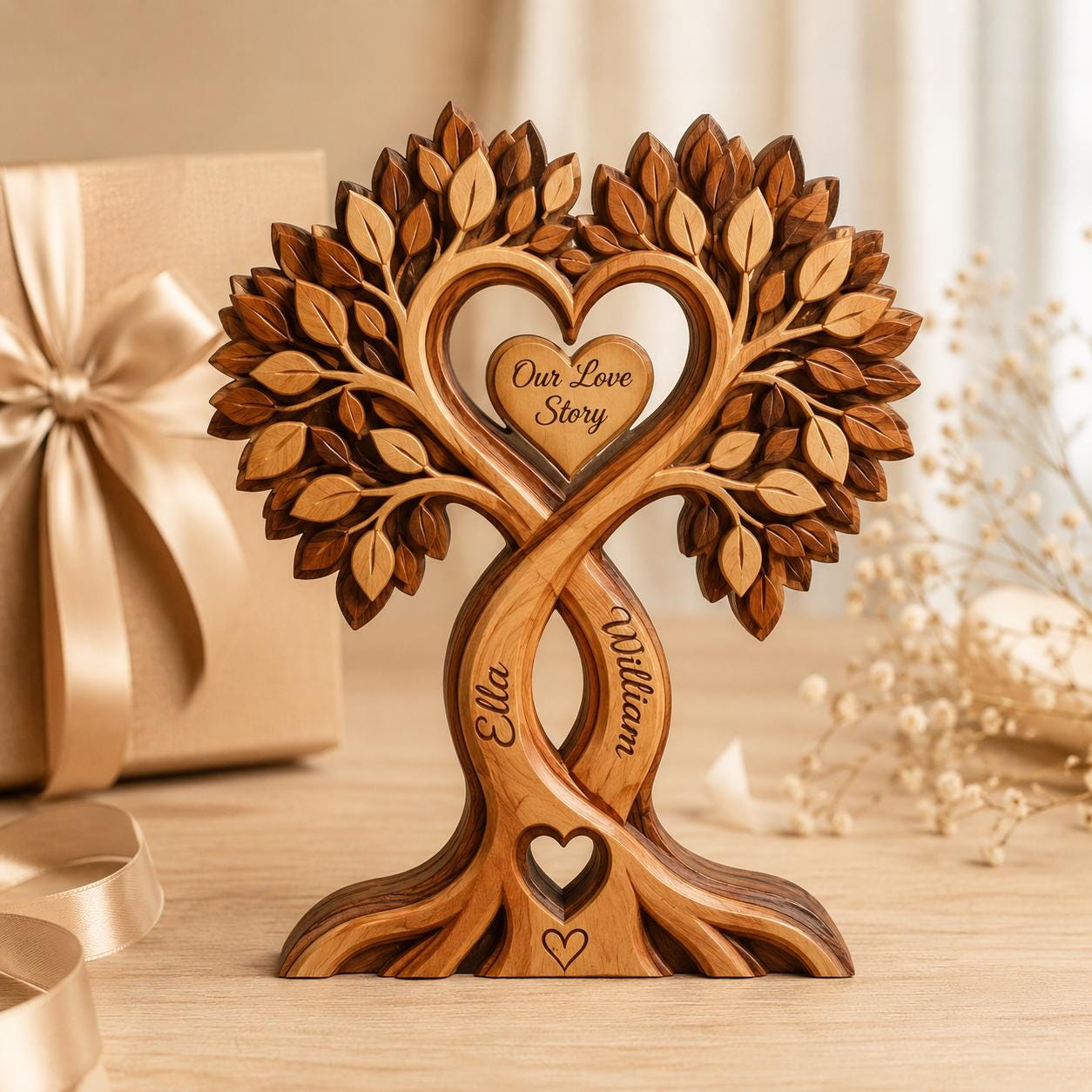 Custom Couple Heart Tree Wooden Block Sign, Personalized Anniversary Gift for Him Her, Heart Shaped Tree, Romantic Keepsake Home Accent