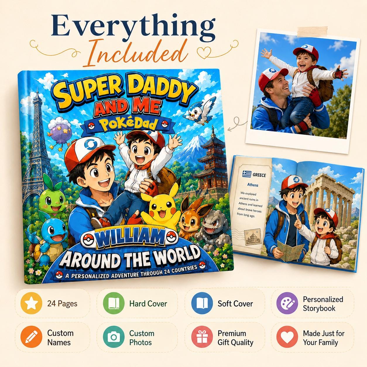 Personalized Super Daddy And Me Adventure The Word Children Book, Father's Day, Custom Father Son Pokedad Story, Anime Dad Gift From Son