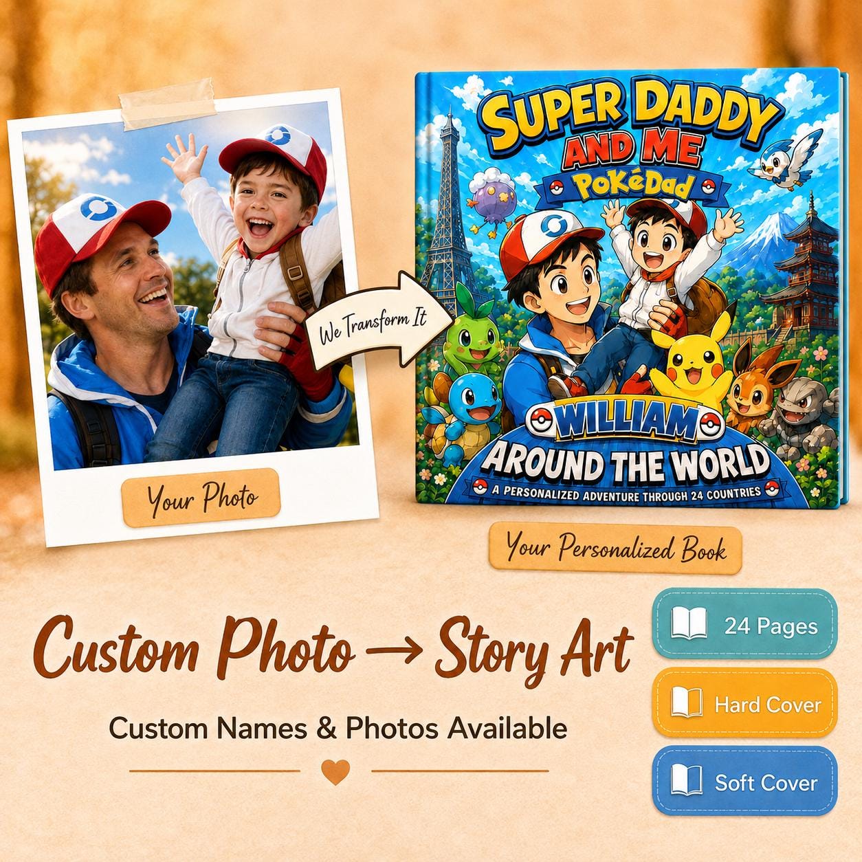 Personalized Super Daddy And Me Adventure The Word Children Book, Father's Day, Custom Father Son Pokedad Story, Anime Dad Gift From Son