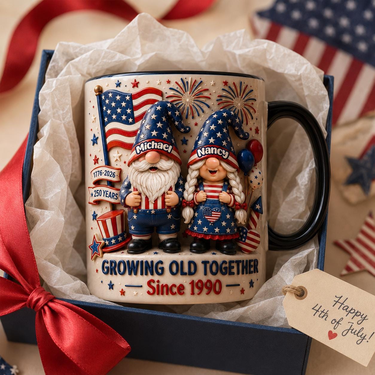 Personalized 3D 4th of July Gnomes Coffee Mug, Gift For Him Her Family, Sentimental Gnome Ceramic Cup, Patriotic Keepsake Present, Gift Idea
