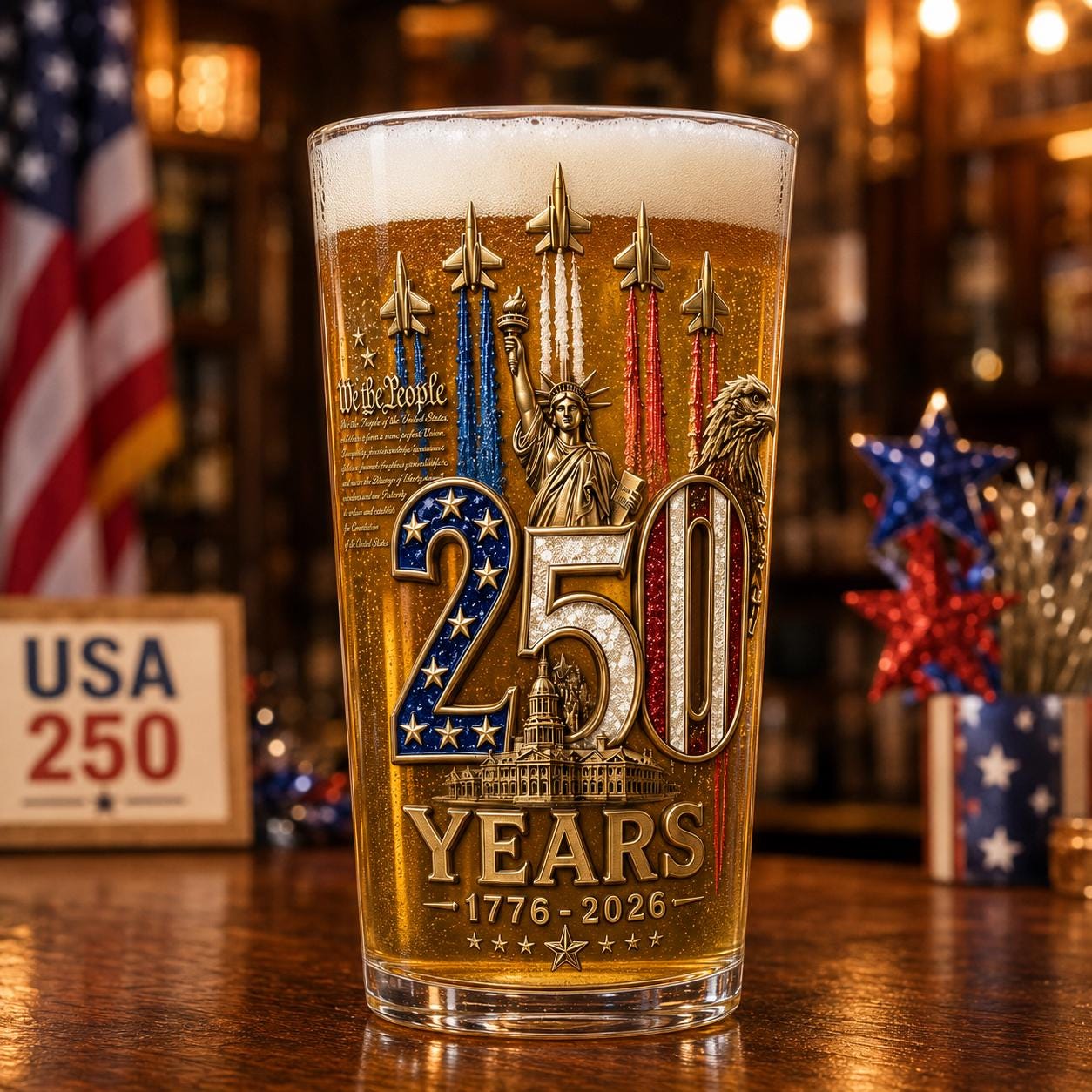 250th Anniversary Beer Glass, 4th Of July Gift For Patriotic, America 250th Anniversary, 1976 - 2026 Drinkware, 250 Years Of Freedom Cup