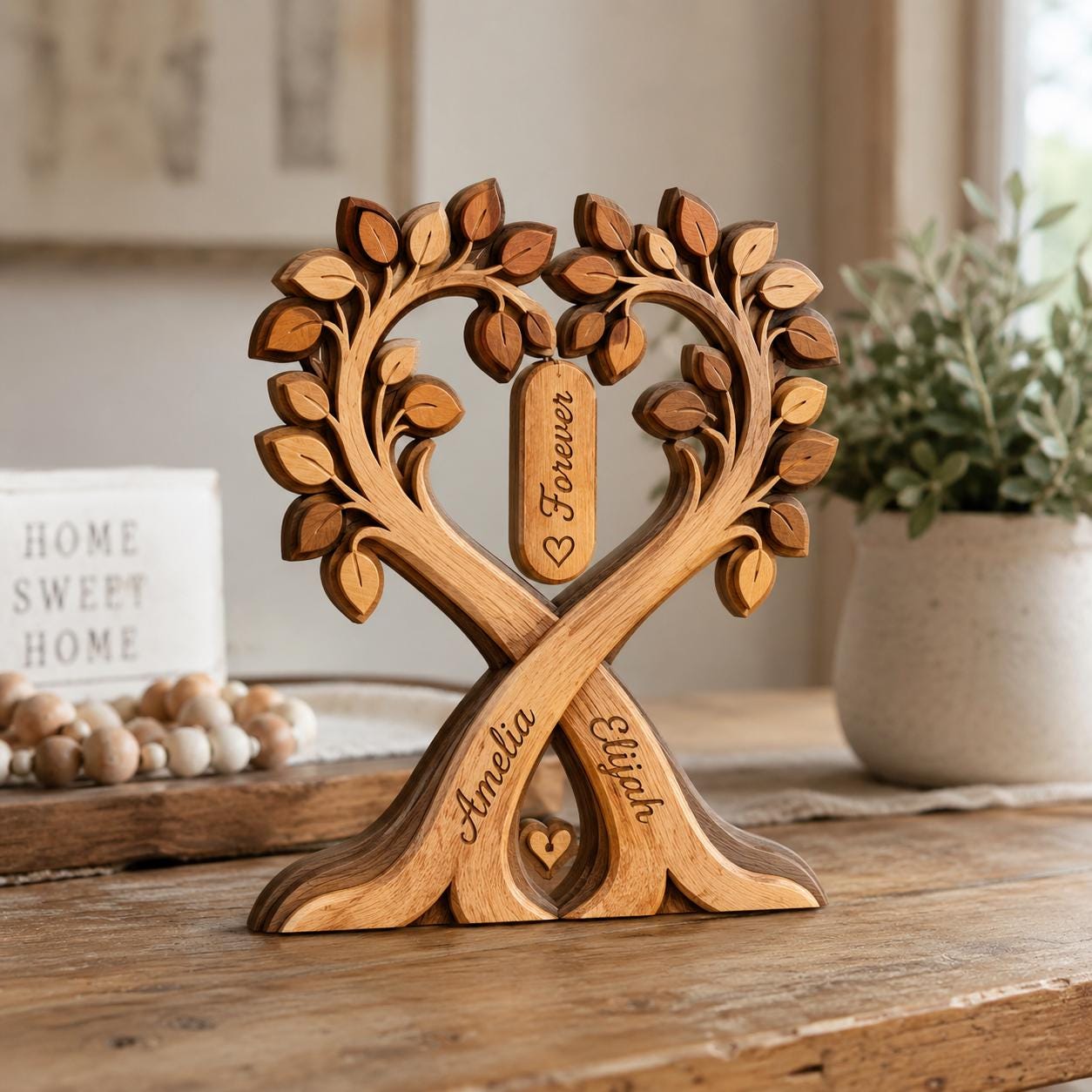 Custom Couple Heart Tree Wooden Block Sign, Personalized Anniversary Gift for Him Her, Heart Shaped Tree, Romantic Keepsake Home Accent