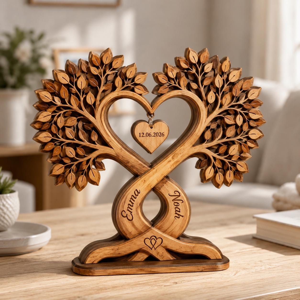 Custom Couple Heart Tree Wooden Block Sign, Personalized Anniversary Gift for Him Her, Heart Shaped Tree, Romantic Keepsake Home Accent