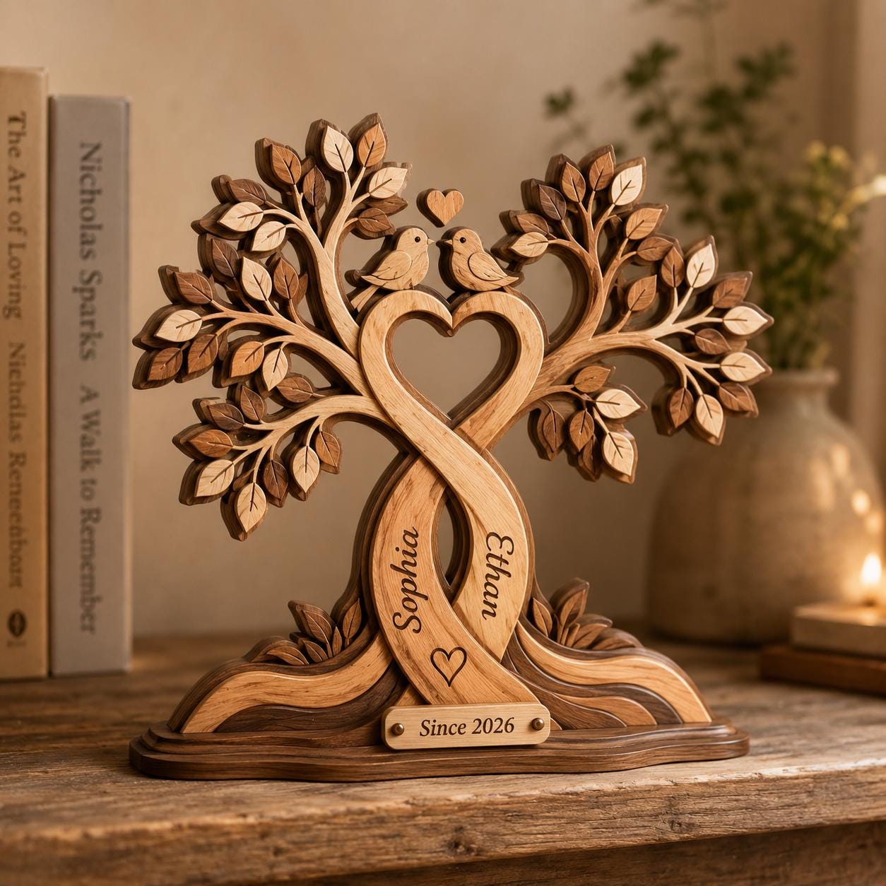 Custom Couple Heart Tree Wooden Block Sign, Personalized Anniversary Gift for Him Her, Heart Shaped Tree, Romantic Keepsake Home Accent