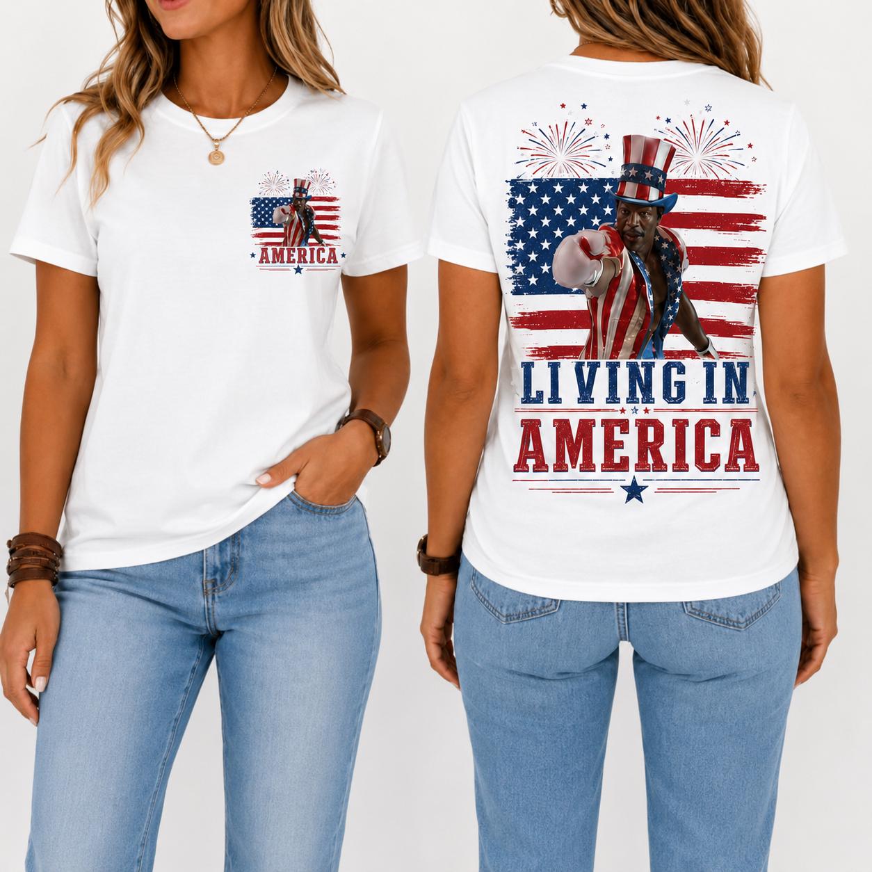 Apollo Creed Living In America T Shirt, Patriotic Boxing Fourth Of July Vintage American Flag Tee, Retro Independence Day USA Fighter Shirt