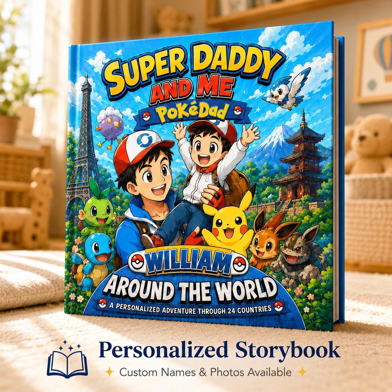 Personalized Super Daddy And Me Adventure The Word Children Book, Father's Day, Custom Father Son Pokedad Story, Anime Dad Gift From Son