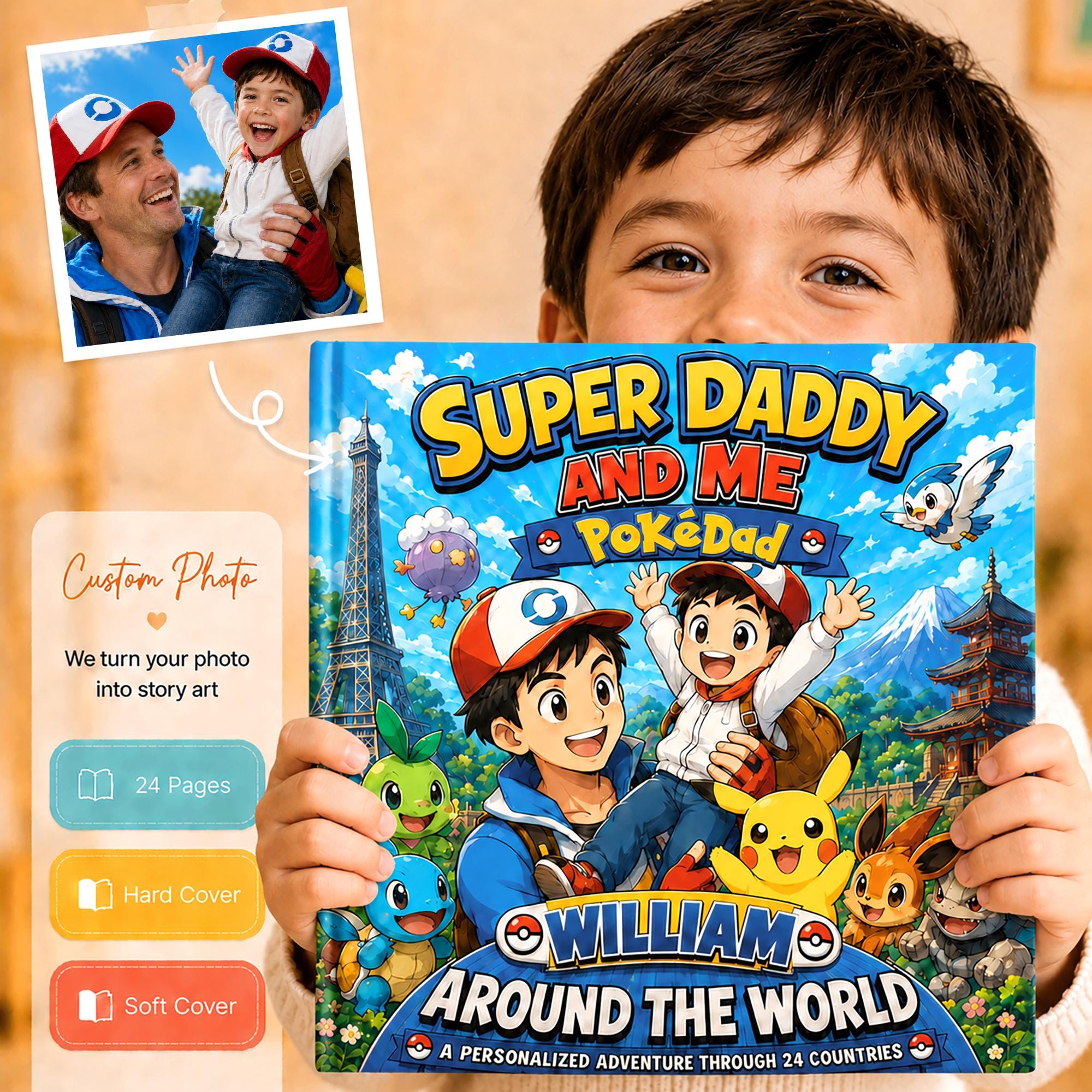 Personalized Super Daddy And Me Adventure The Word Children Book, Father's Day, Custom Father Son Pokedad Story, Anime Dad Gift From Son