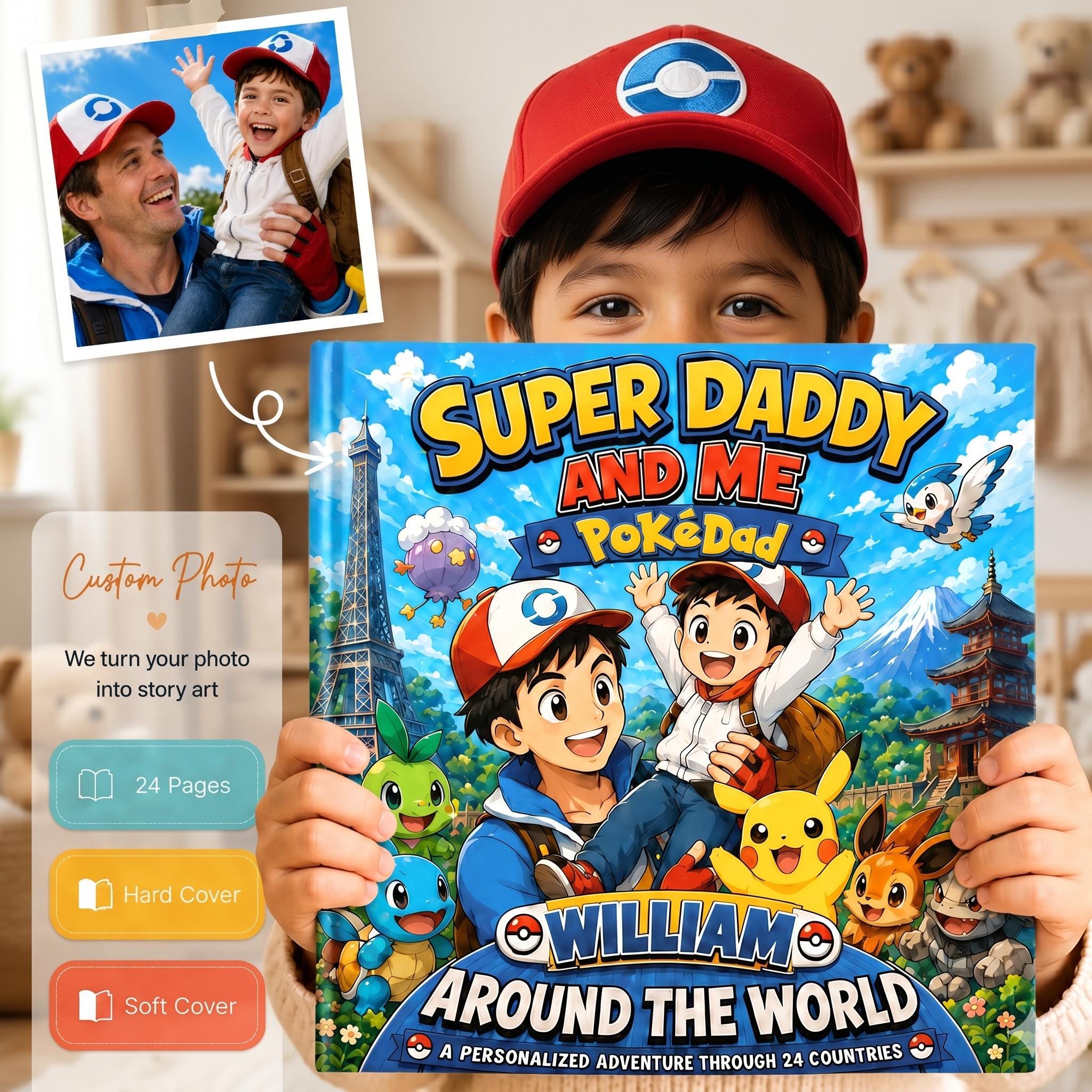 Personalized Super Daddy And Me Adventure The Word Children Book, Father's Day, Custom Father Son Pokedad Story, Anime Dad Gift From Son