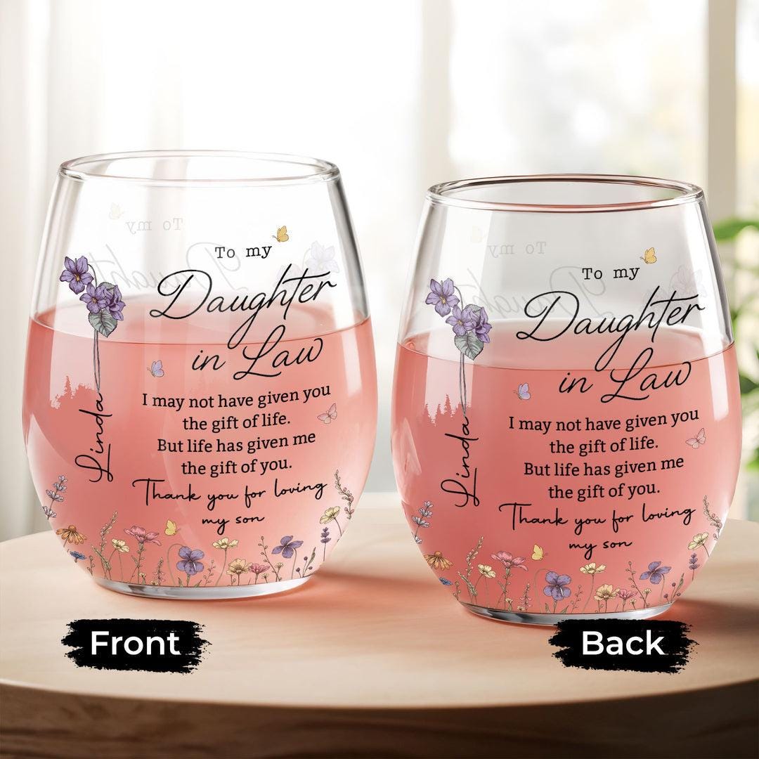 Custom To My Daughter In Law Wine Glass, Anniversary Gift For Daughter From Mom, Custom Name Floral Baby Shower Gift, Floral Wine Glass