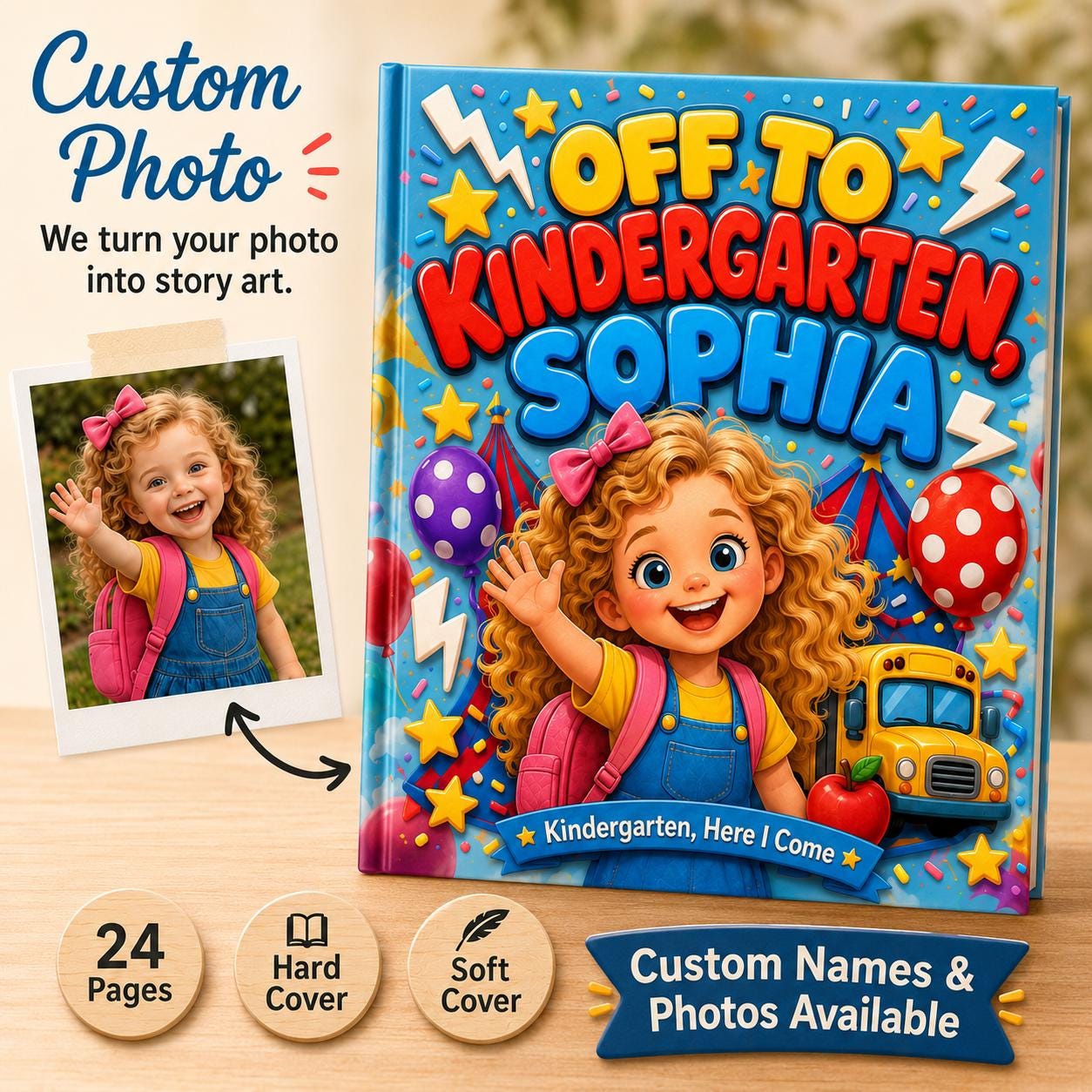 Personalized Off To Kindergarten Book, First Day of School Gift, Custom Name And Photo Kids Storybook, Back to School Book, Preschool Gift