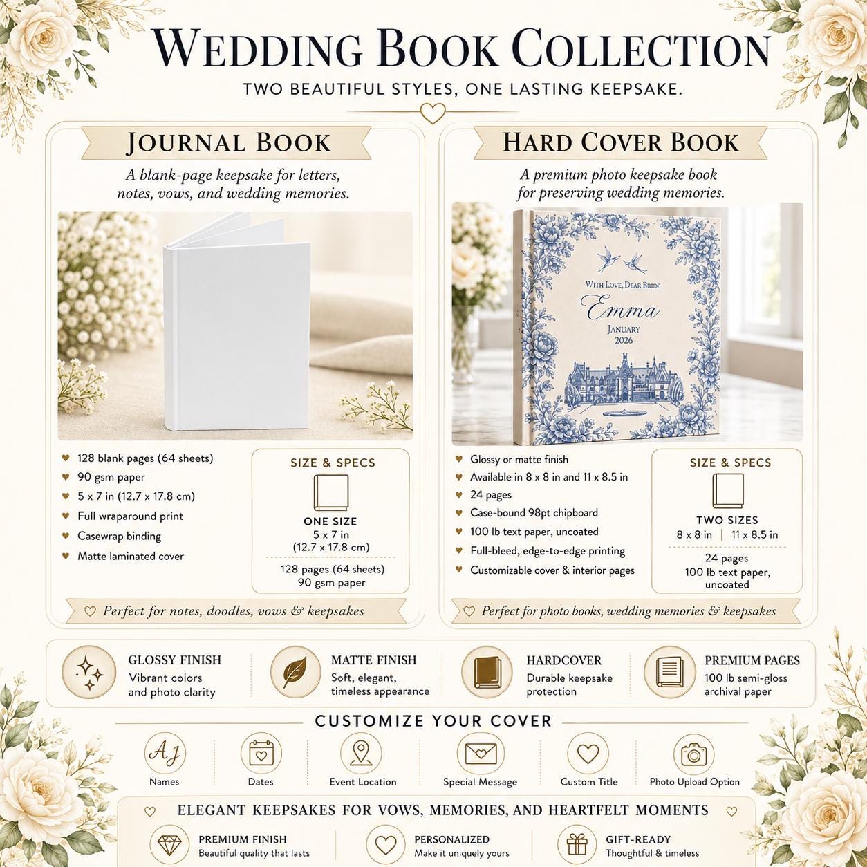Personalized Vintage Floral Letters to the Bride Scrapbook, Custom Name Gold Foil Bridal Shower Album Gifts, Custom Elegant Hen Do Scrapbook