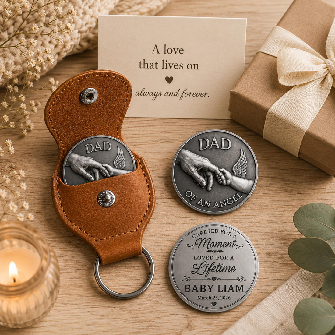 Personalized Dad Memorial Coin, Angel Baby Loss Keepsake Token, Custom Pregnancy Loss Gift With Leather Keychain Holder