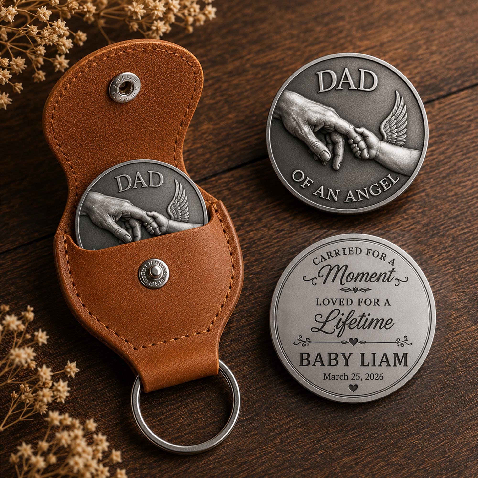 Personalized Dad Memorial Coin, Angel Baby Loss Keepsake Token, Custom Pregnancy Loss Gift With Leather Keychain Holder