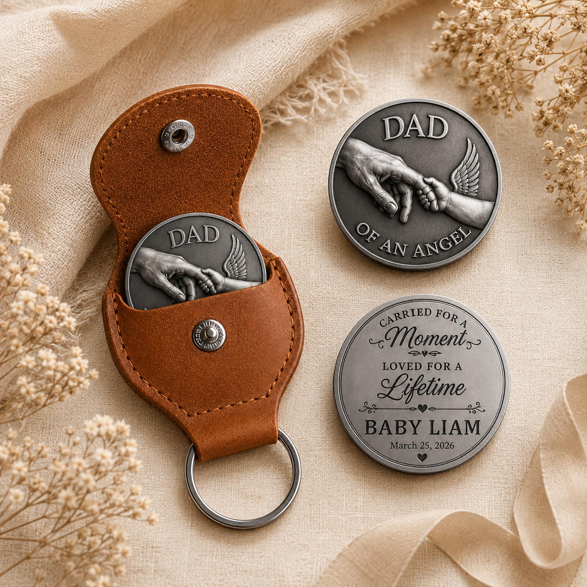 Personalized Dad Memorial Coin, Angel Baby Loss Keepsake Token, Custom Pregnancy Loss Gift With Leather Keychain Holder