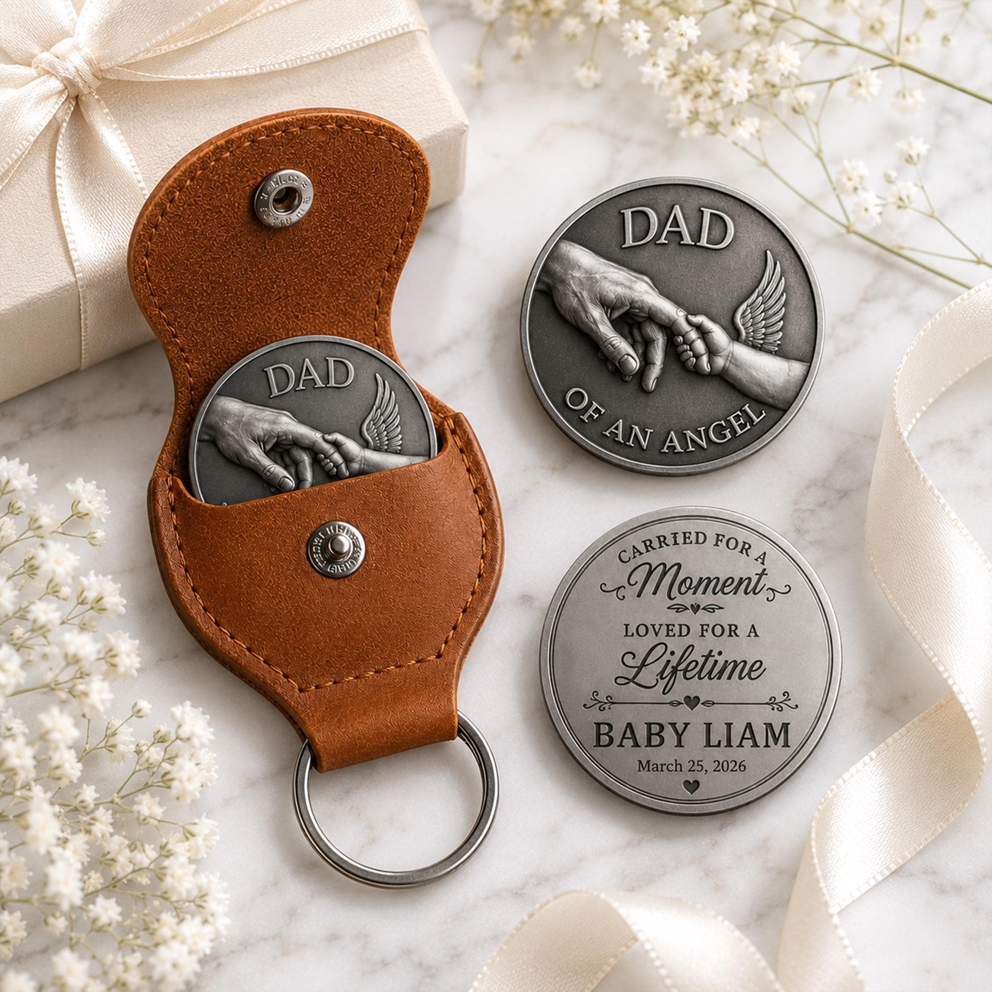 Personalized Dad Memorial Coin, Angel Baby Loss Keepsake Token, Custom Pregnancy Loss Gift With Leather Keychain Holder