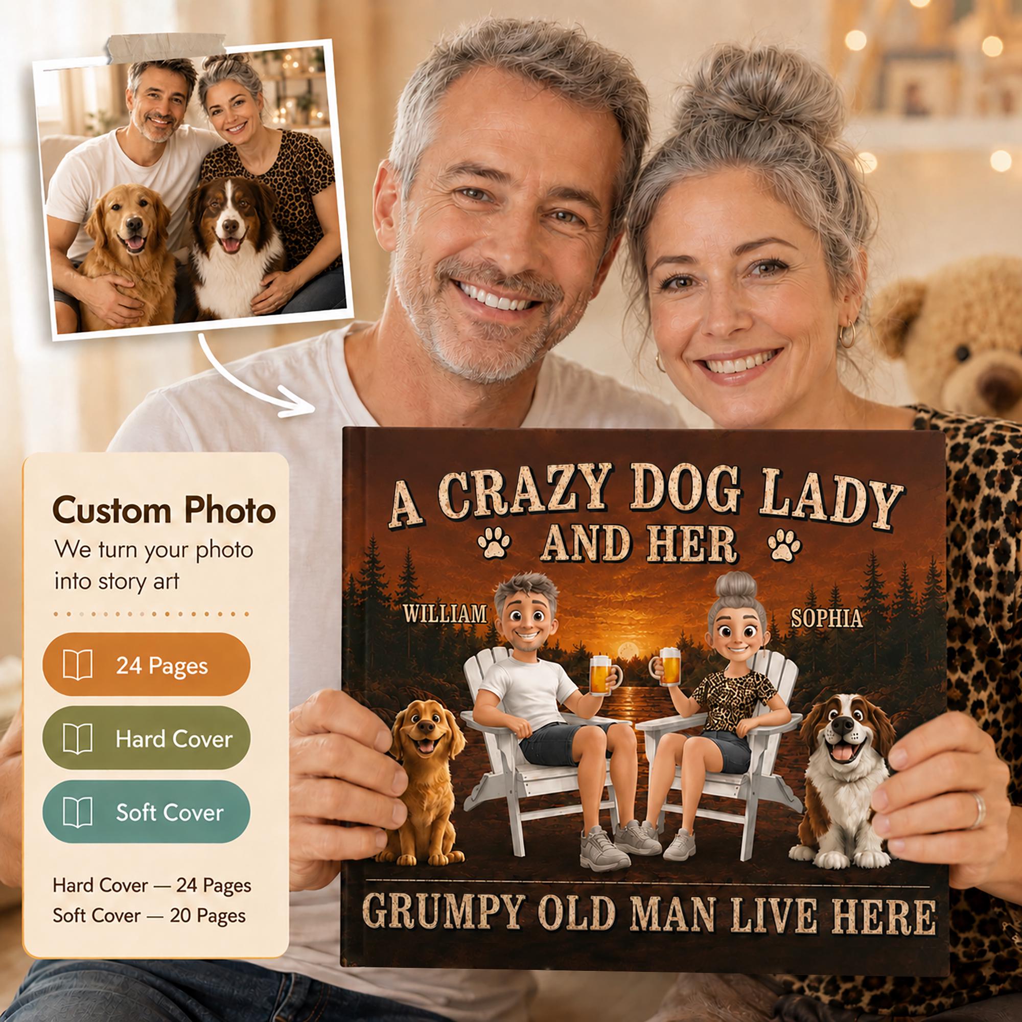 Personalized Grumpy Old Man Lake And Her Story Book, Crazy Dog Lady Book Gift, Dog Couple Retirement Gift, Dog Lovers, Wedding Book Gift