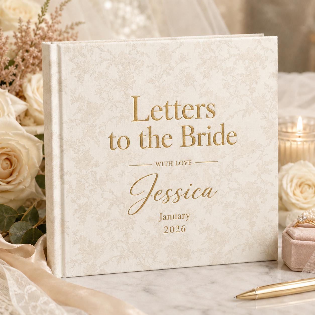 Personalized Vintage Floral Letters to the Bride Scrapbook, Custom Name Gold Foil Bridal Shower Album Gifts, Custom Elegant Hen Do Scrapbook