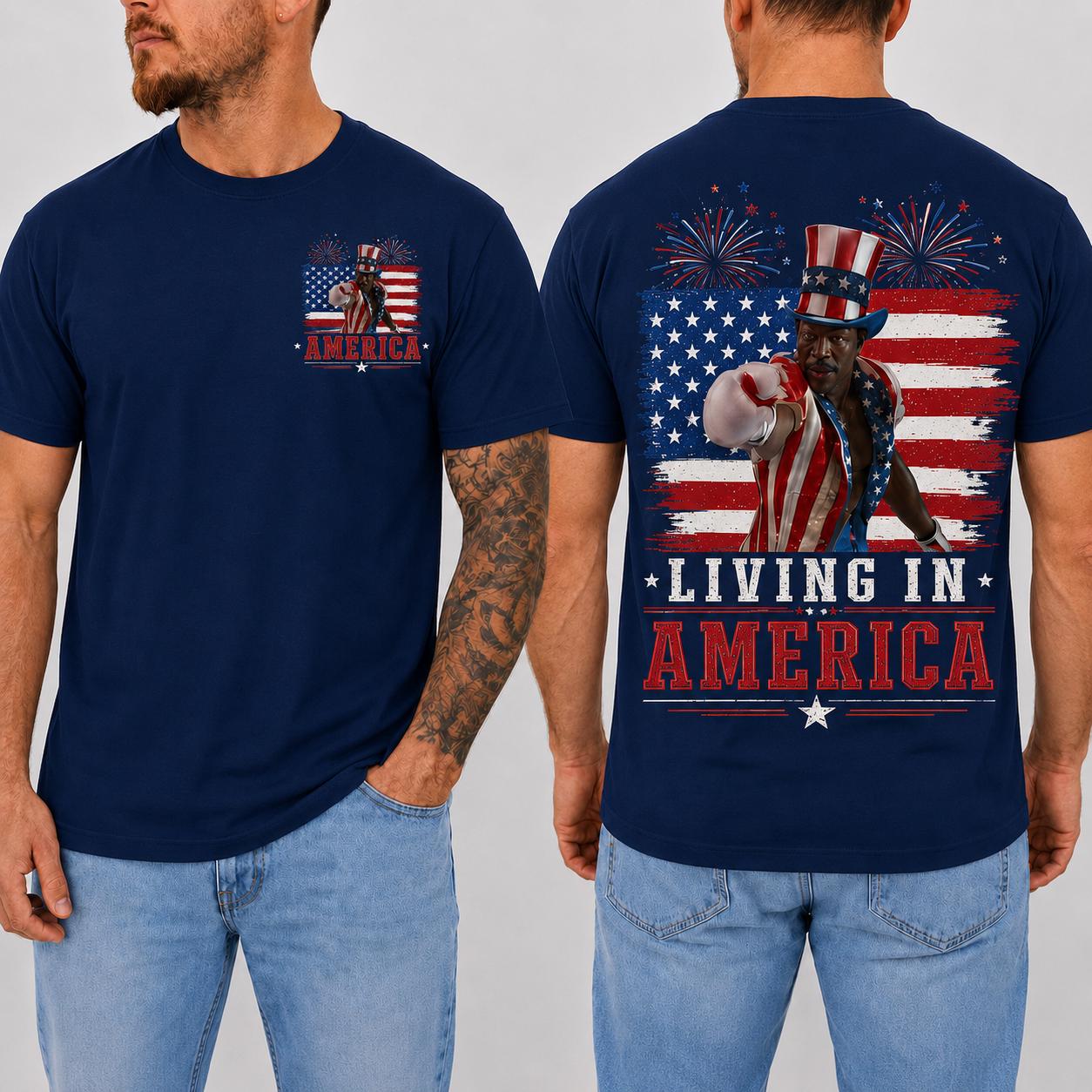 Apollo Creed Living In America T Shirt, Patriotic Boxing Fourth Of July Vintage American Flag Tee, Retro Independence Day USA Fighter Shirt