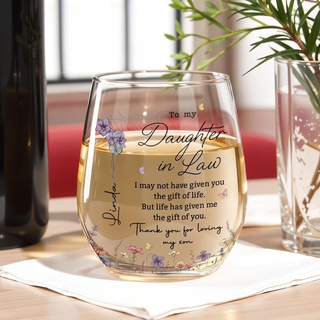 Custom To My Daughter In Law Wine Glass, Anniversary Gift For Daughter From Mom, Custom Name Floral Baby Shower Gift, Floral Wine Glass