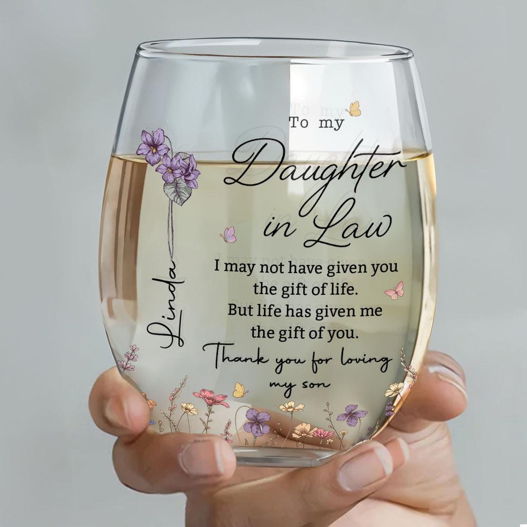Custom To My Daughter In Law Wine Glass, Anniversary Gift For Daughter From Mom, Custom Name Floral Baby Shower Gift, Floral Wine Glass