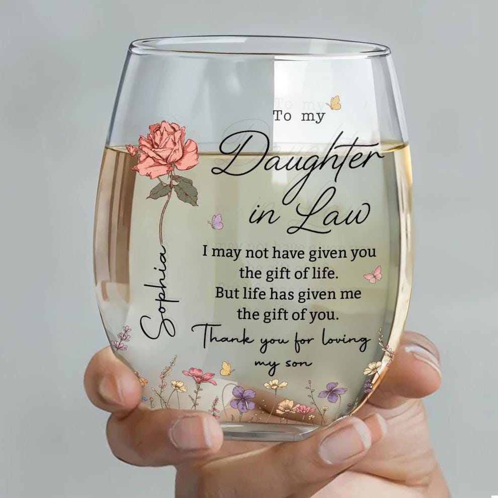 Custom To My Daughter In Law Wine Glass, Anniversary Gift For Daughter From Mom, Custom Name Floral Baby Shower Gift, Floral Wine Glass