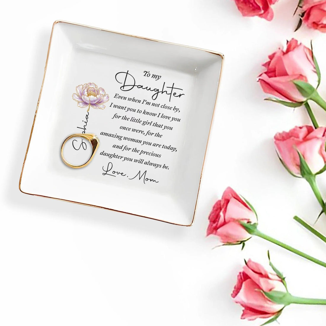Personalized To My Daughter Flower Jewelry Dish,Birthday Graduation Gift from Mom,Square Ceramic Trinket Tray Ring Holder Keepsake Est