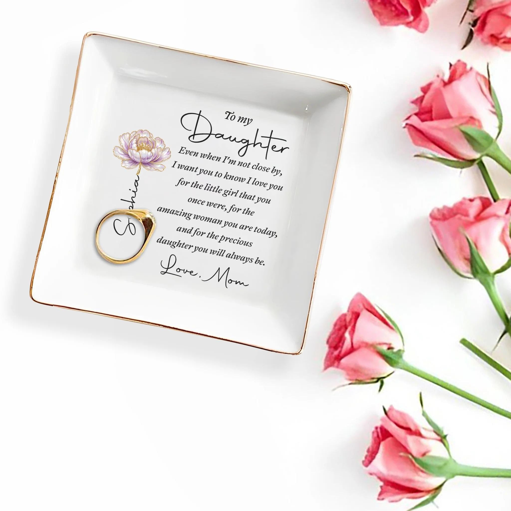 Personalized To My Daughter Flower Jewelry Dish,Birthday Graduation Gift from Mom,Square Ceramic Trinket Tray Ring Holder Keepsake Est