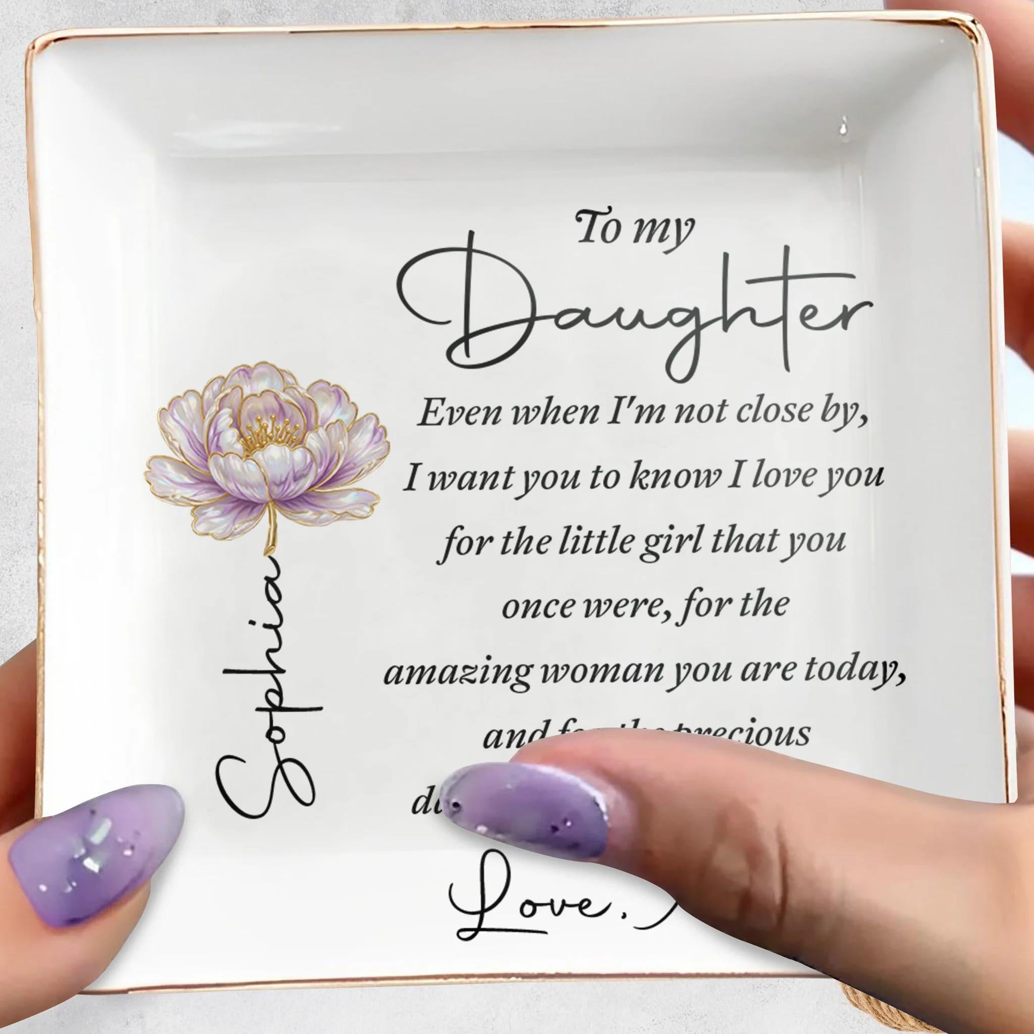 Personalized To My Daughter Flower Jewelry Dish,Birthday Graduation Gift from Mom,Square Ceramic Trinket Tray Ring Holder Keepsake Est