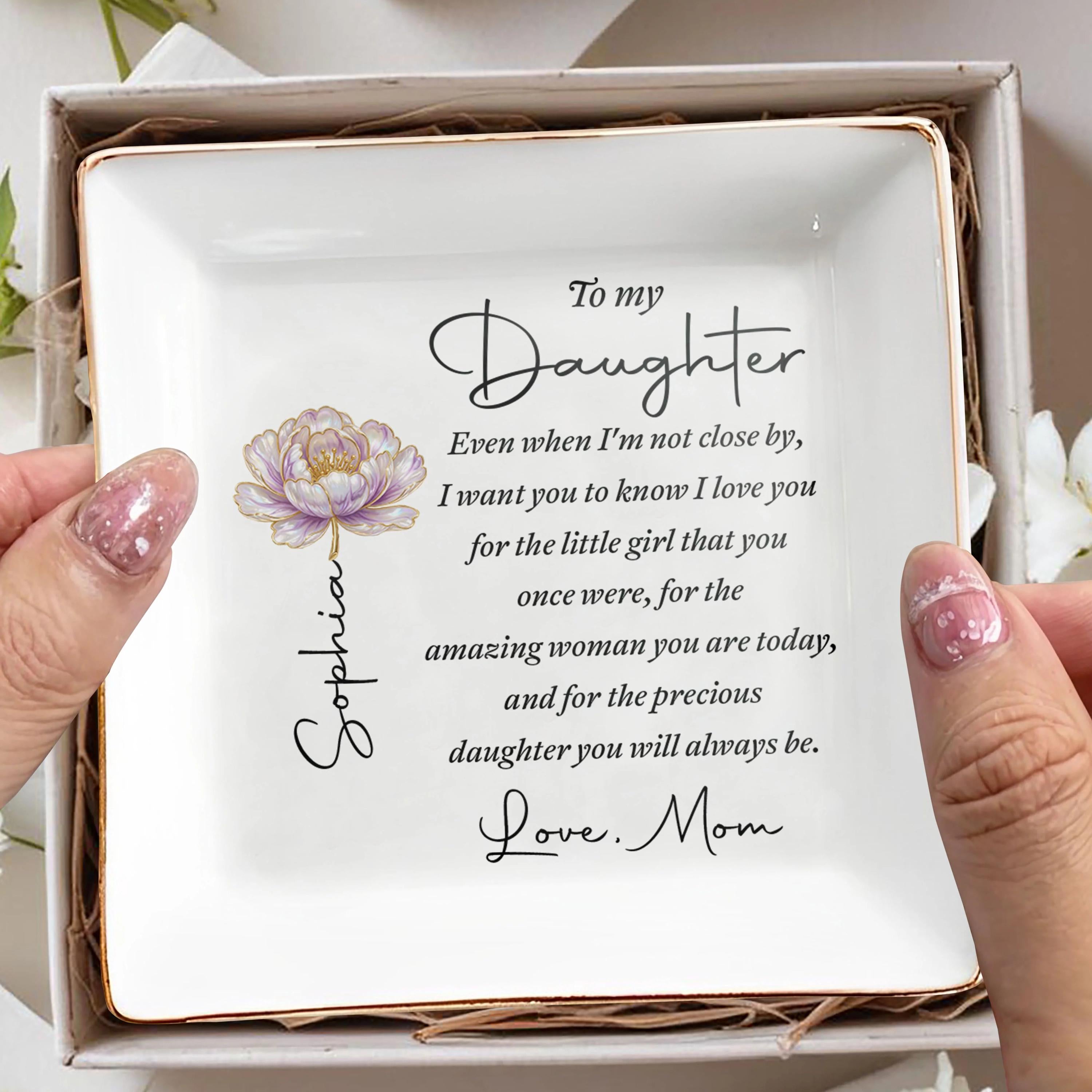 Personalized To My Daughter Flower Jewelry Dish,Birthday Graduation Gift from Mom,Square Ceramic Trinket Tray Ring Holder Keepsake Est