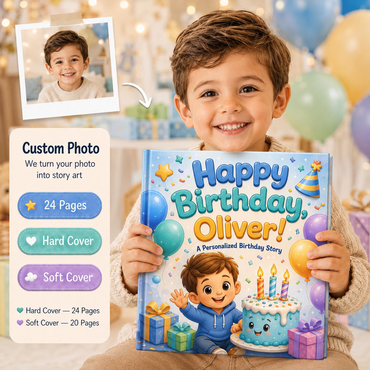 Personalized Happy Birthday Book, Gift for Boys Girl Toddler, Custom Name Children's Storybook, Birthday Gift for Kids, Custom Photo Story