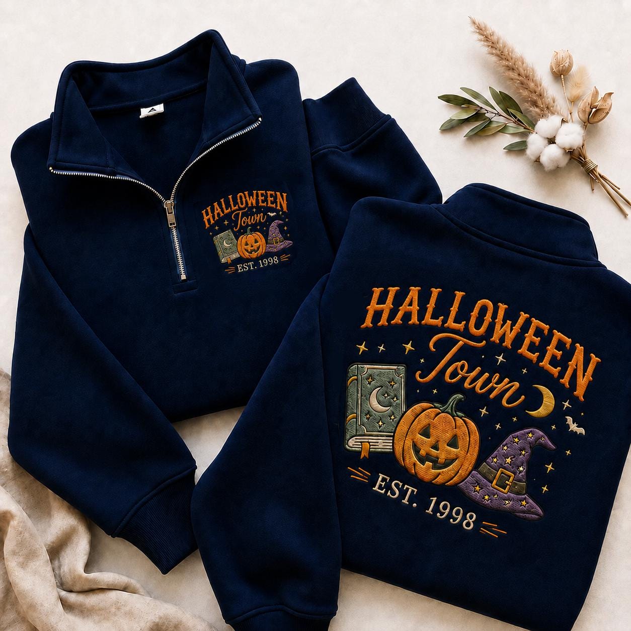 Embroidered Halloween Town Quarter Zip Sweatshirt, Spooky Pumpkin Witch Hat Est 1998