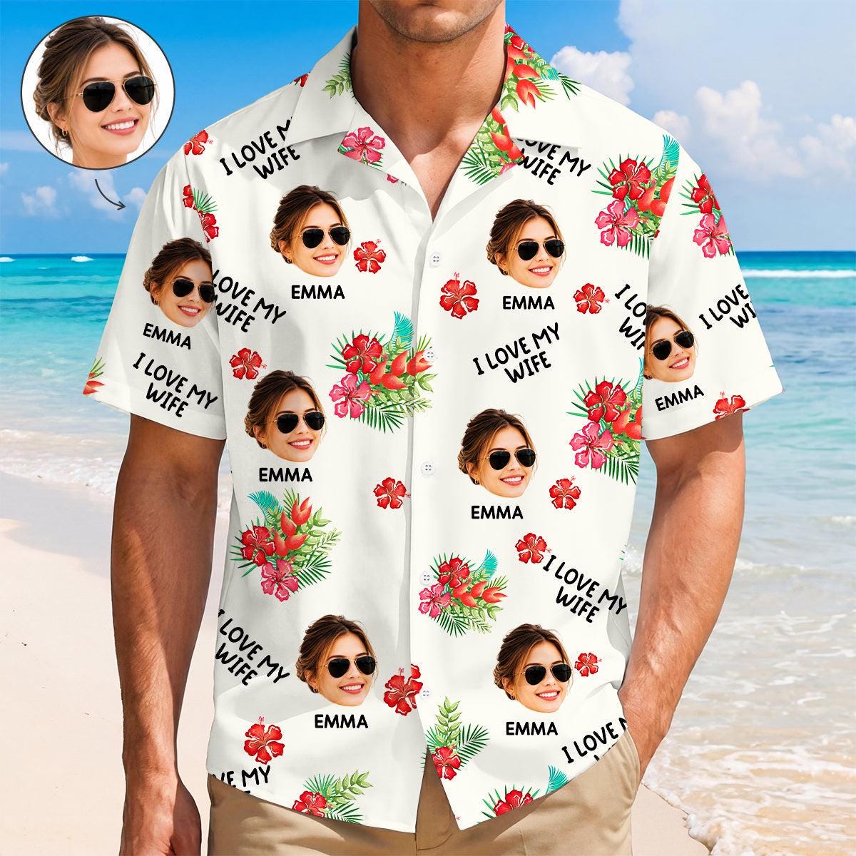 Custom Face Photo I Love My Husband Photo Hawaiian Shirt, Gift For Husband From Wife, Photo Aloha Tropical Tee, Birthday Summer Party Gift