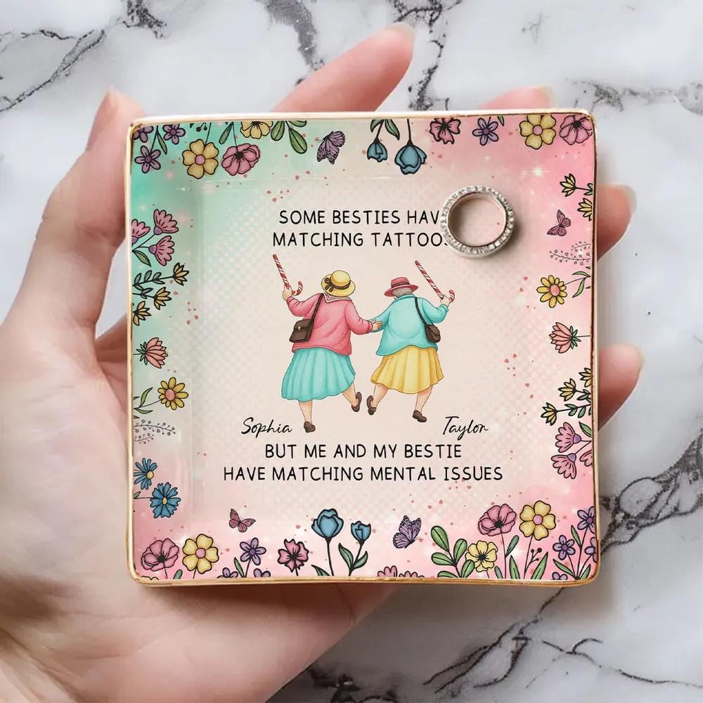 Personalized Matching Mental Issues Funny Besties Jewelry Dish,Ceramic Ring Holder Trinket Tray for Bestie,Best Friend Gift,Anniversary Gift
