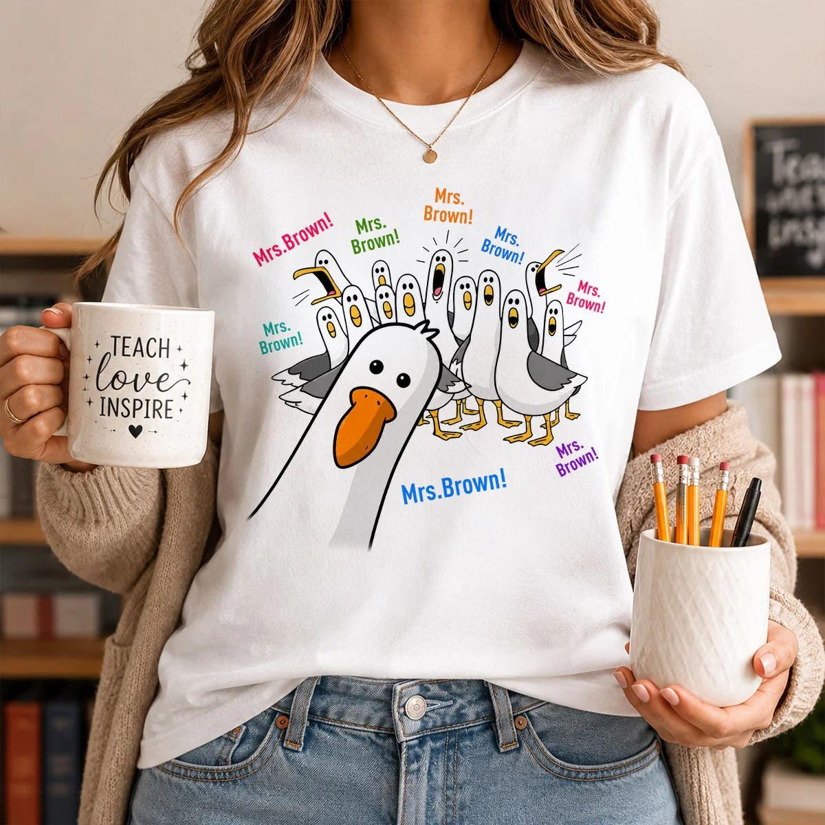 Custom Back To School Shirt For Teacher, Funny Seagulls Teacher Name Gift, Teacher Appreciation, School Supplies, Thank You Teacher Tee
