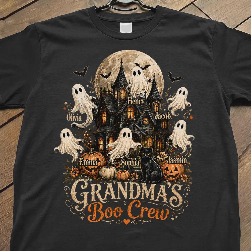 Personalized Grandma's Boo Crew T-Shirt, Funny Gift For Grandma From Grandkids, Ghost Family Matching Halloween Tee, Birthday Halloween Gift