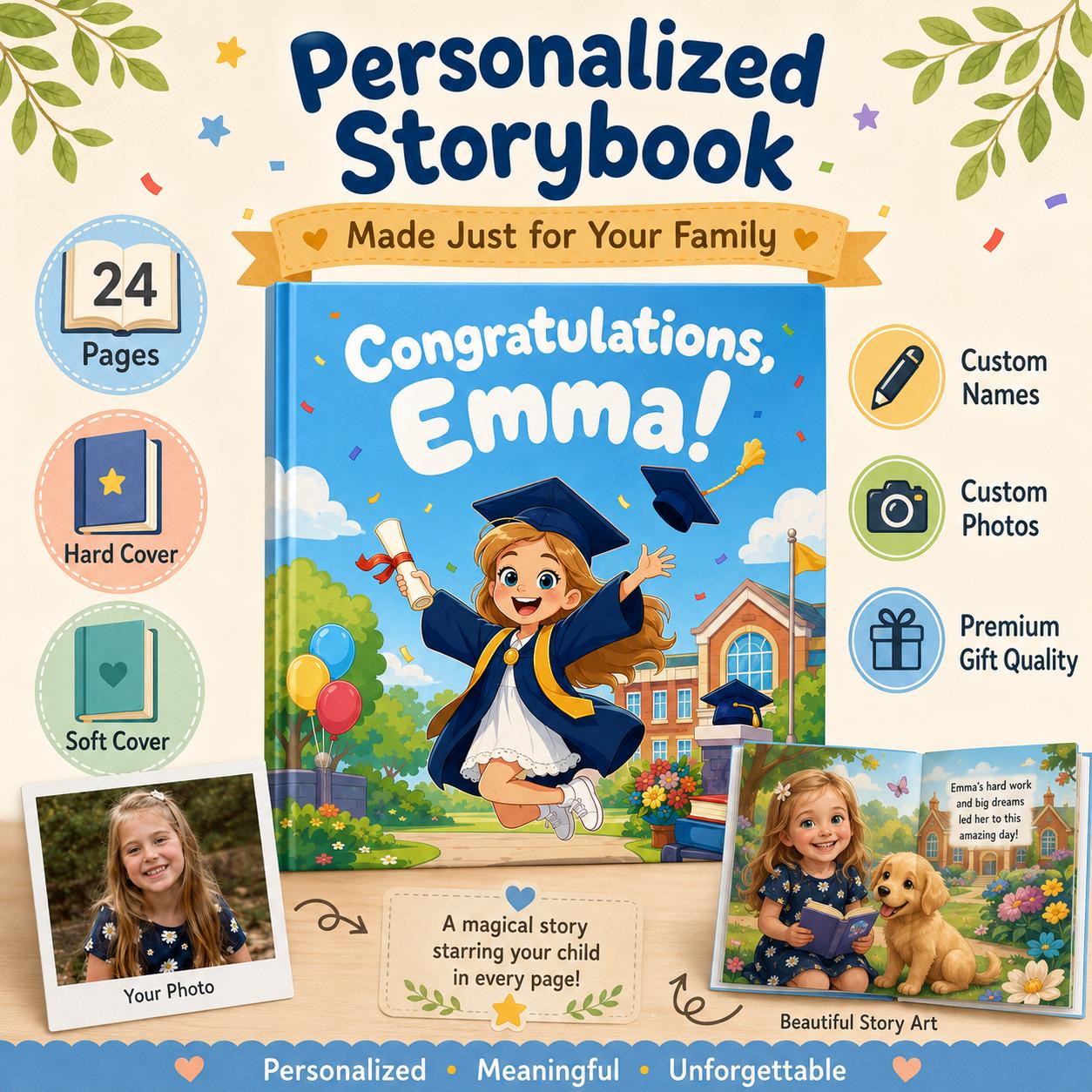 Personalized Graduation Book for Kids, Custom Photo Storybook Kindergarten Preschool Graduation Gift, Back to School Book , Birthday Gift