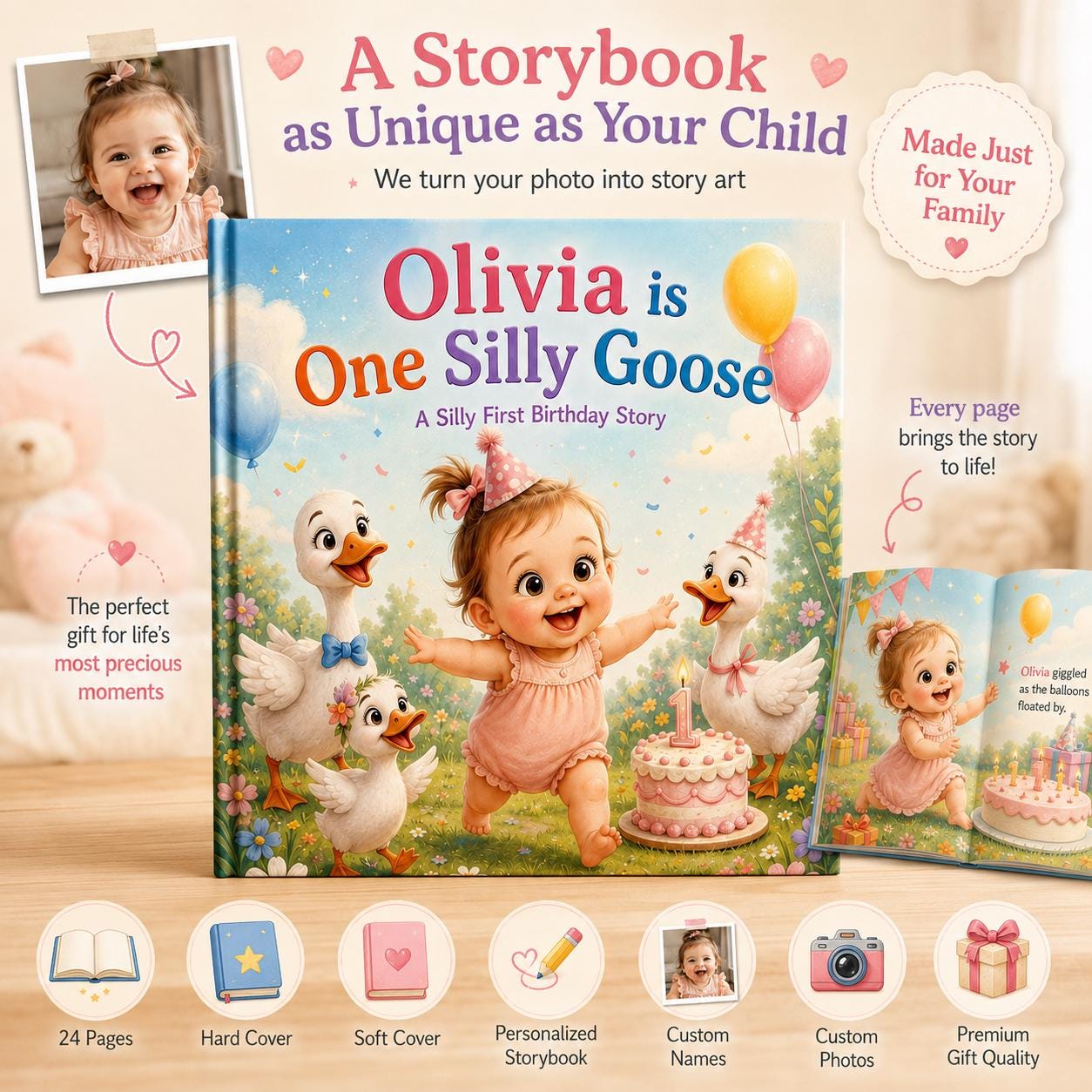 Personalized One Silly Goose Children Book, Baby Memory Book, Custom Name And Photo Kids Book, 1st Birthday Keepsake, Silly Goose Birthday