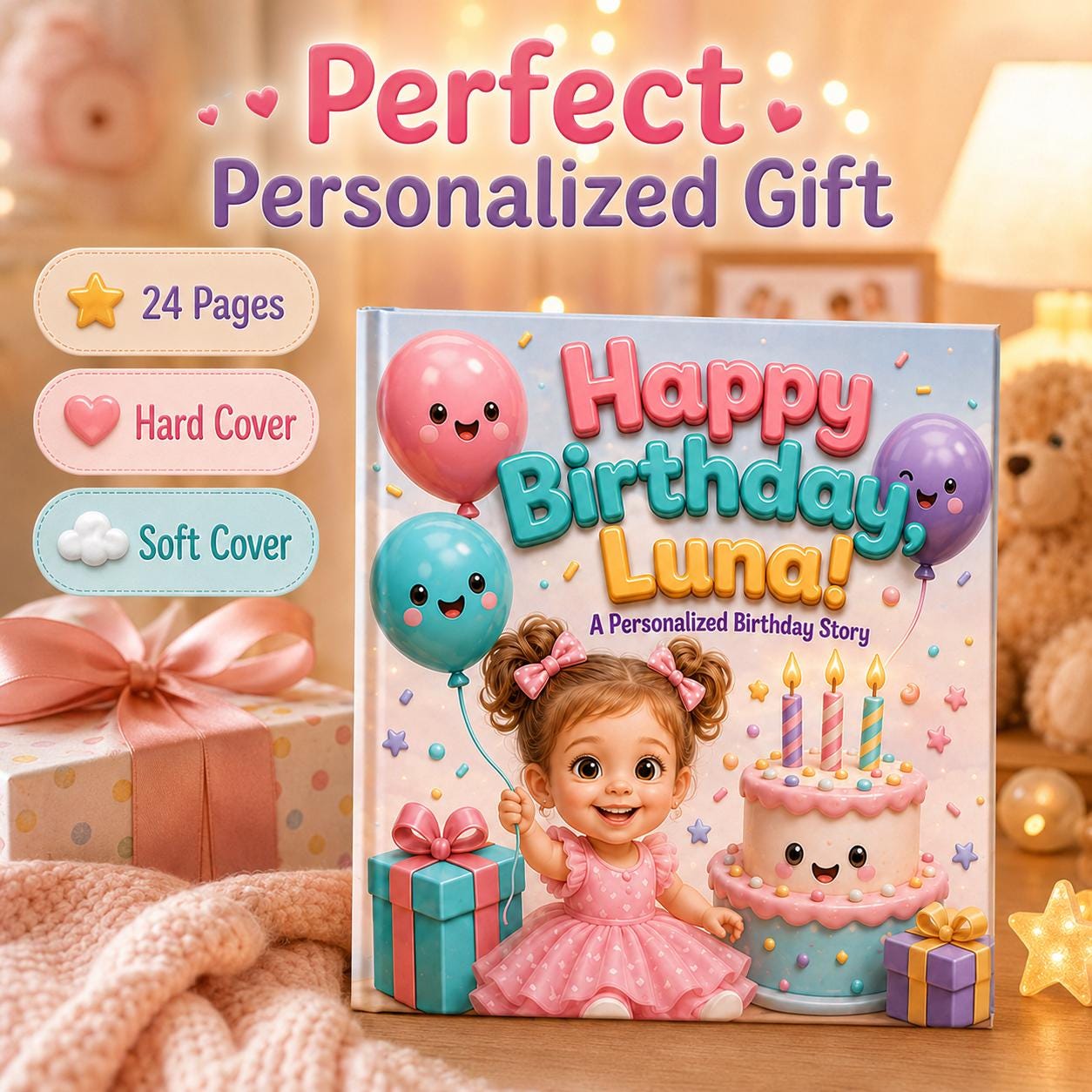 Personalised Happy Birthday 3D Effect Children Book, Custom Name Happy Birthday Boy Girl, Birthday StoryBook Gift From Mom Dad Aunt Uncle